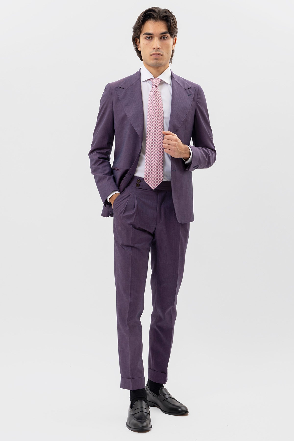 Giacca viola solaro monopetto uomo in fresco lana Vitale Barberis Canonico con rever a lancia tasche a filo .