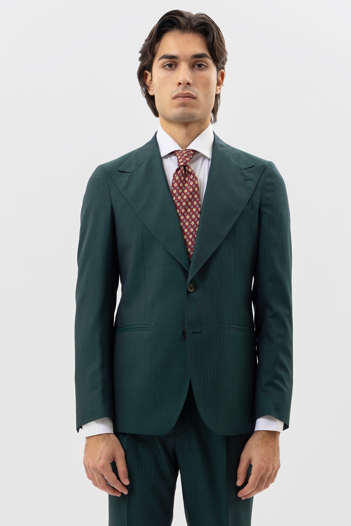 Giacca Monopetto Verde Solaro Uomo Lana E Seta Holland & Sherry Rever A Lancia 12cm E Tasche A Filo