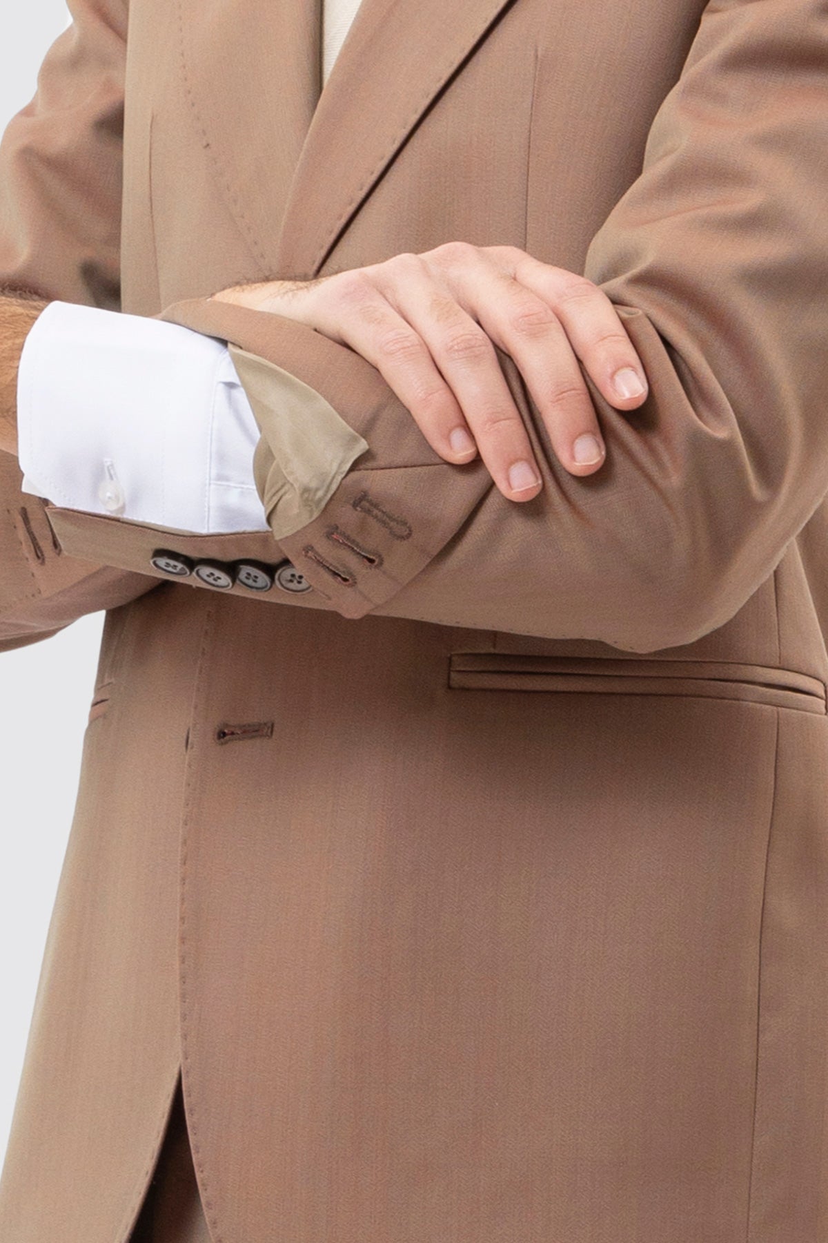 Giacca monopetto fango solaro uomo in fresco lana vitale barberis canonico con rever a lancia tasche a filo .