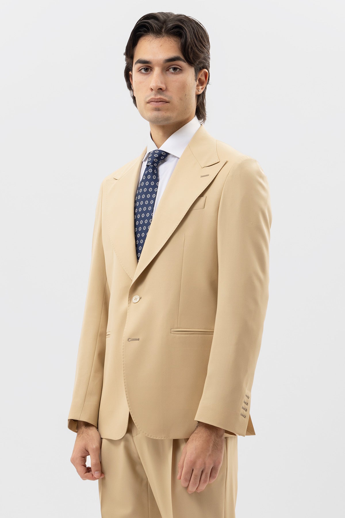 Giacca Monopetto Beige Fresco Lana Super 140's  Holland & Sherry Rever A Lancia 12 Cm