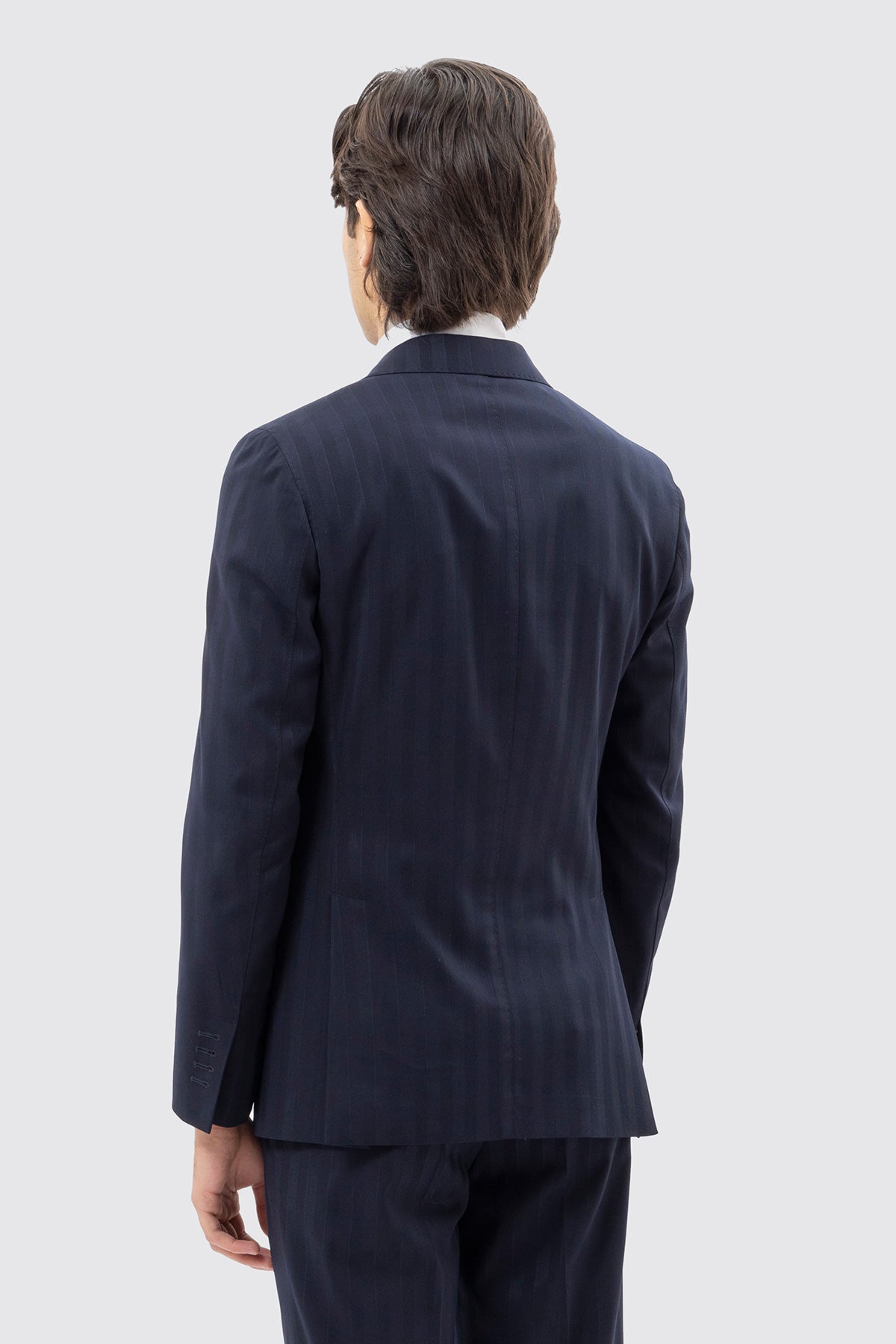 Giacca Uomo Monopetto Blu Rigata Rever A Lancia 13cm Tasche A Filo