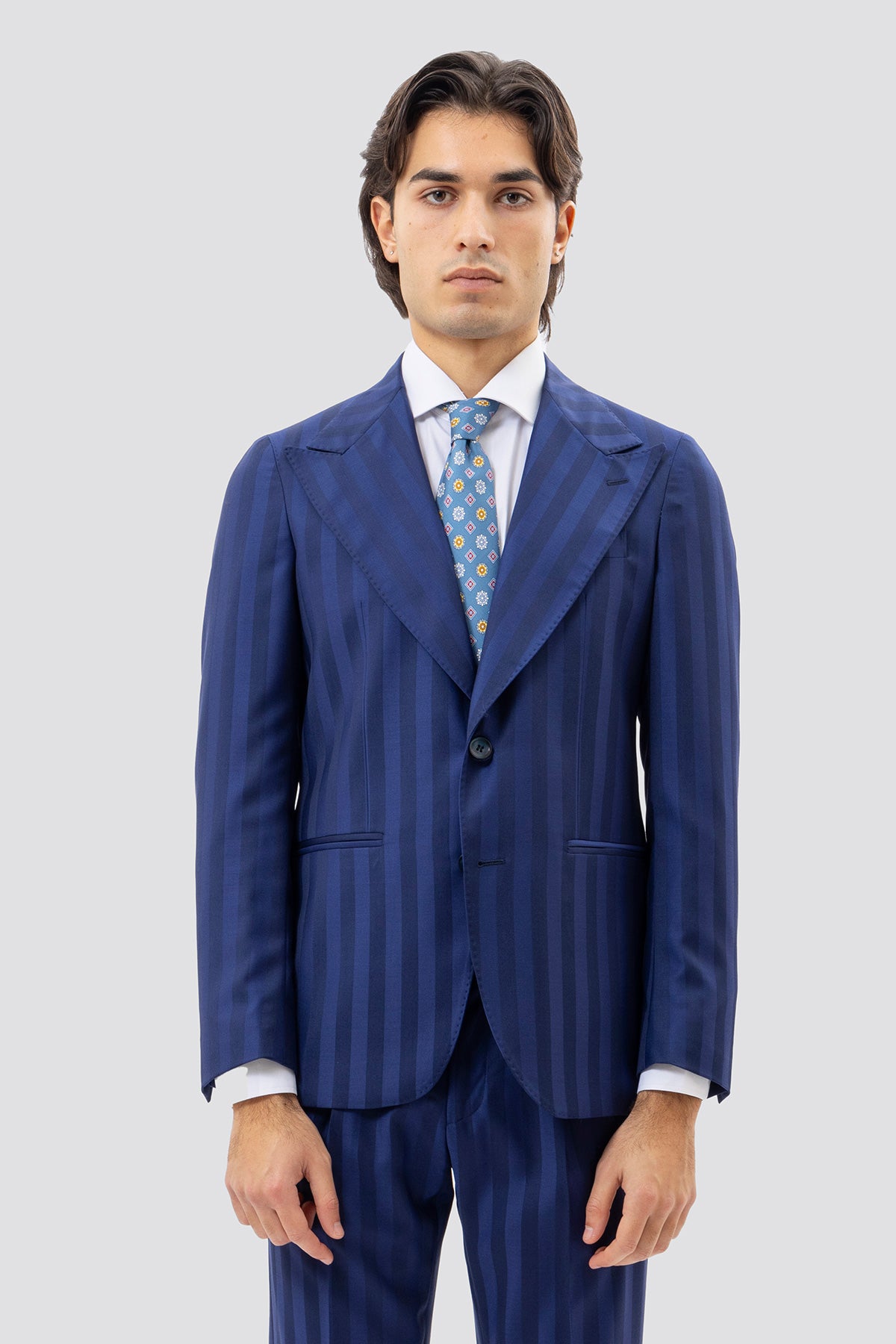 Giacca Uomo Monopetto Blu Chiaro Rigata In Fresco Lana Super 140's Rever A Lancia 13cm Tasche A Filo .