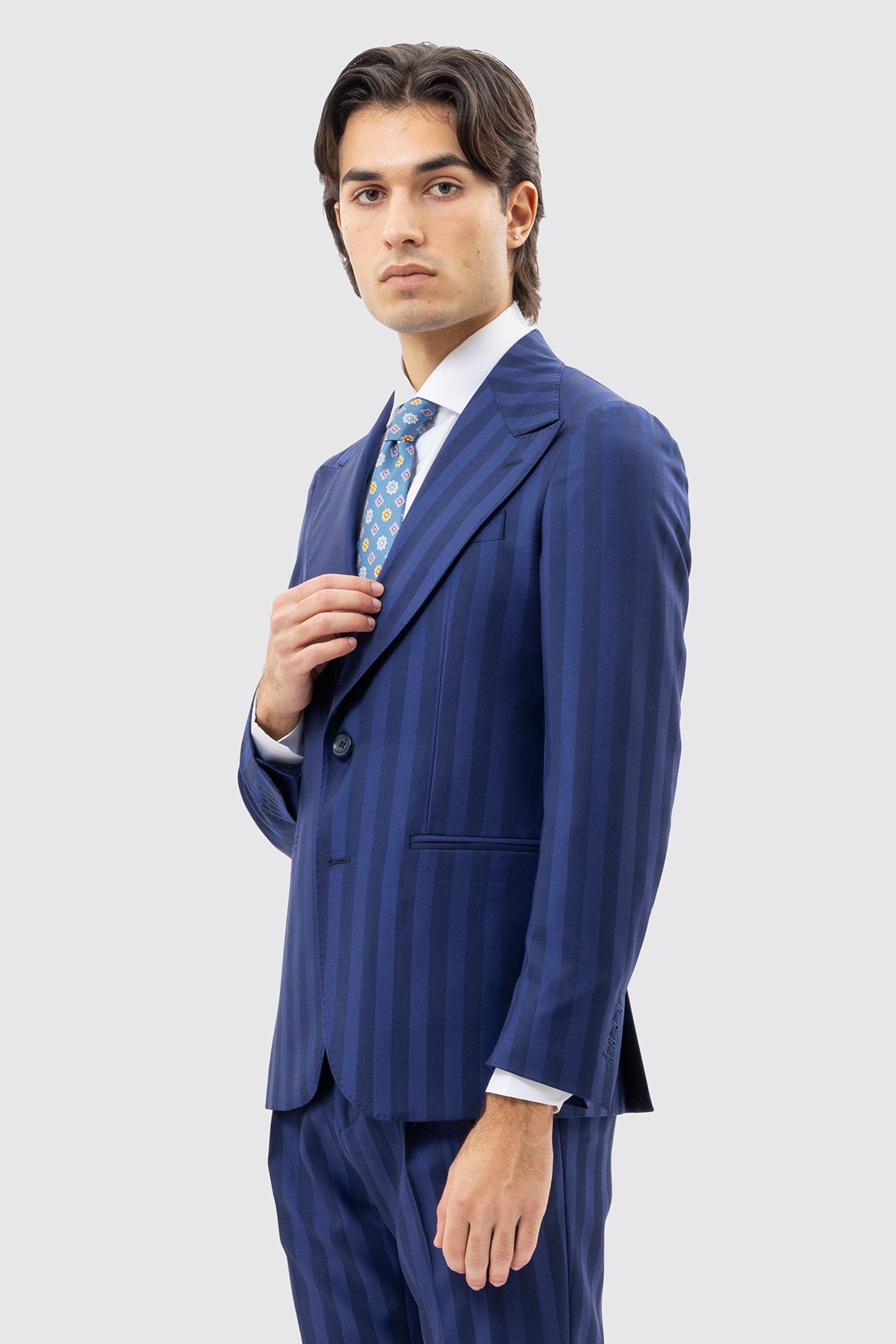 Giacca Uomo Monopetto Blu Chiaro Rigata In Fresco Lana Super 140's Rever A Lancia 13cm Tasche A Filo .