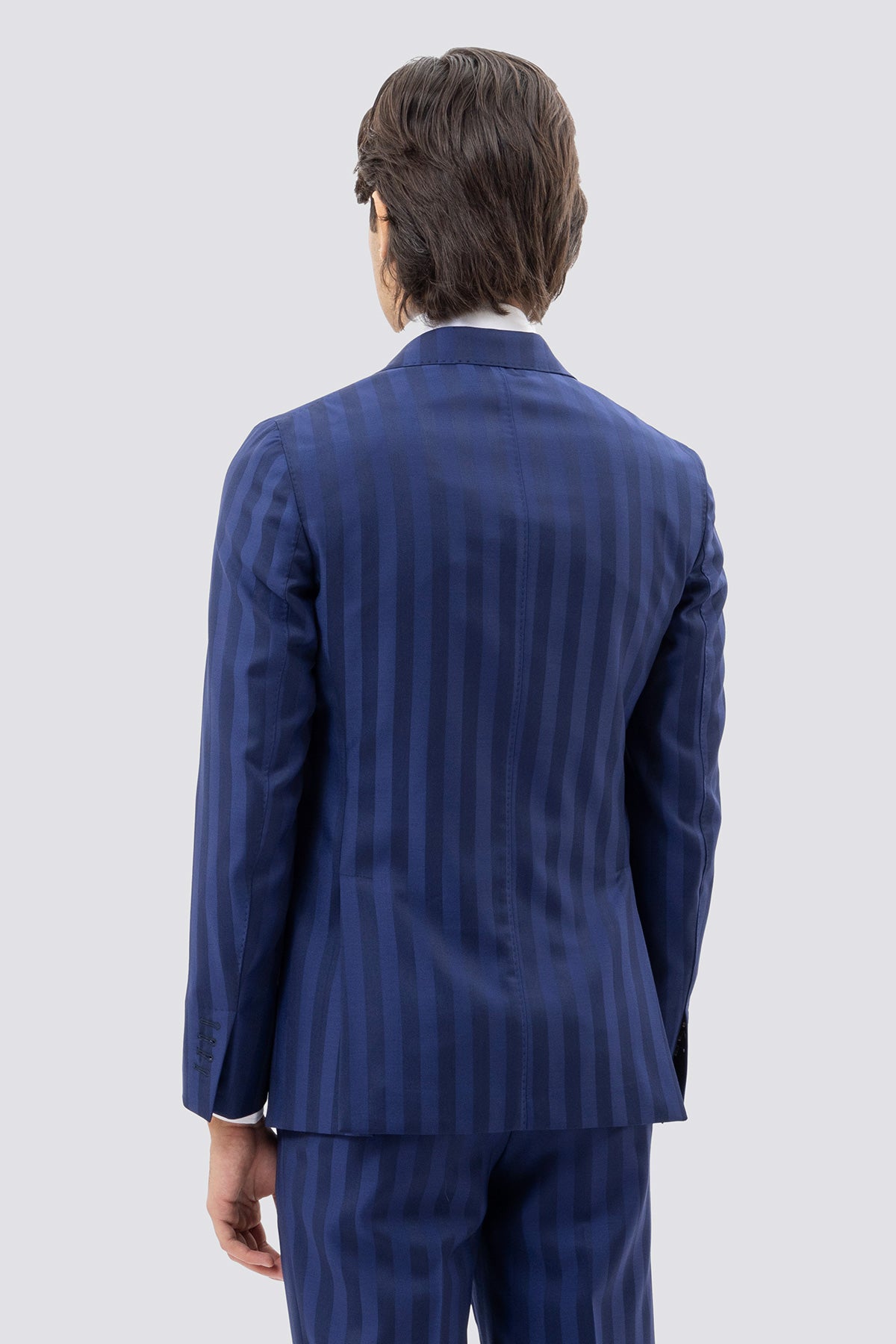 Giacca Uomo Monopetto Blu Chiaro Rigata In Fresco Lana Super 140's Rever A Lancia 13cm Tasche A Filo .