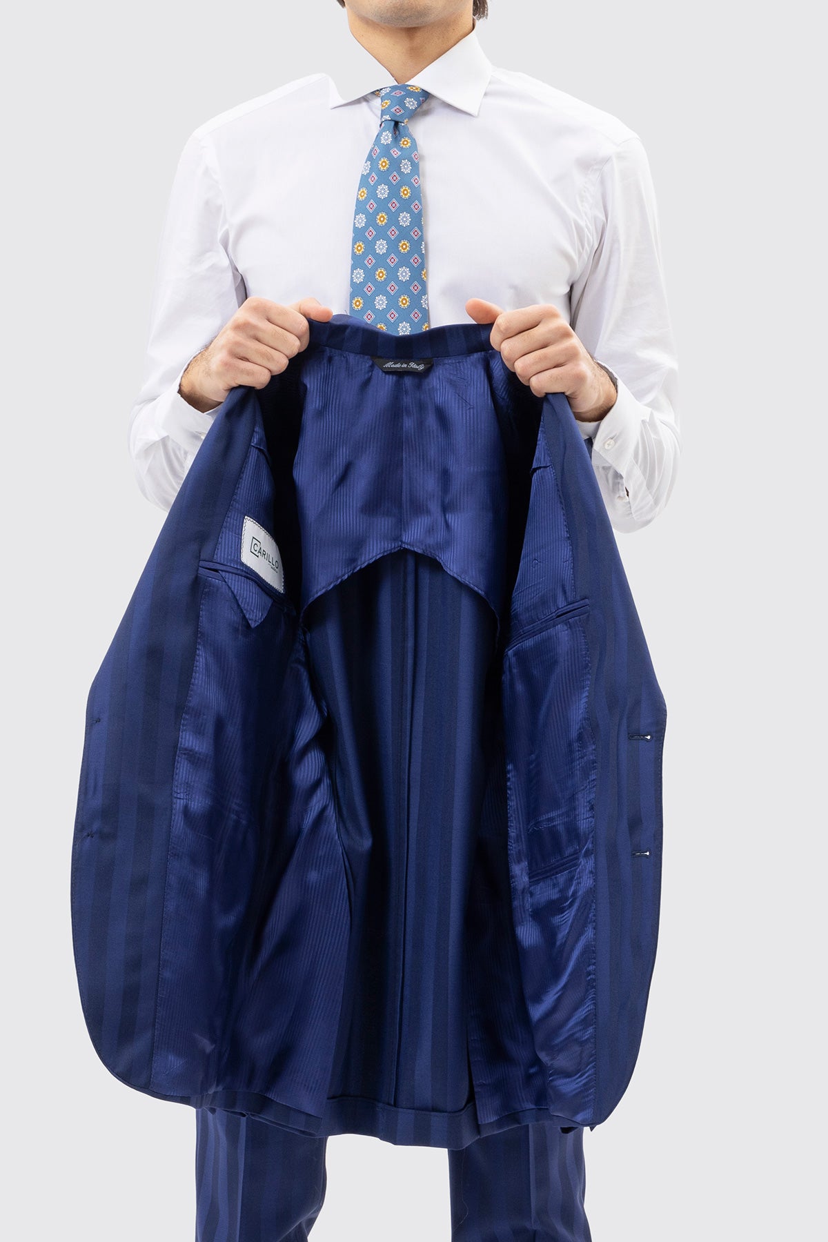 Giacca Uomo Monopetto Blu Chiaro Rigata In Fresco Lana Super 140's Rever A Lancia 13cm Tasche A Filo .