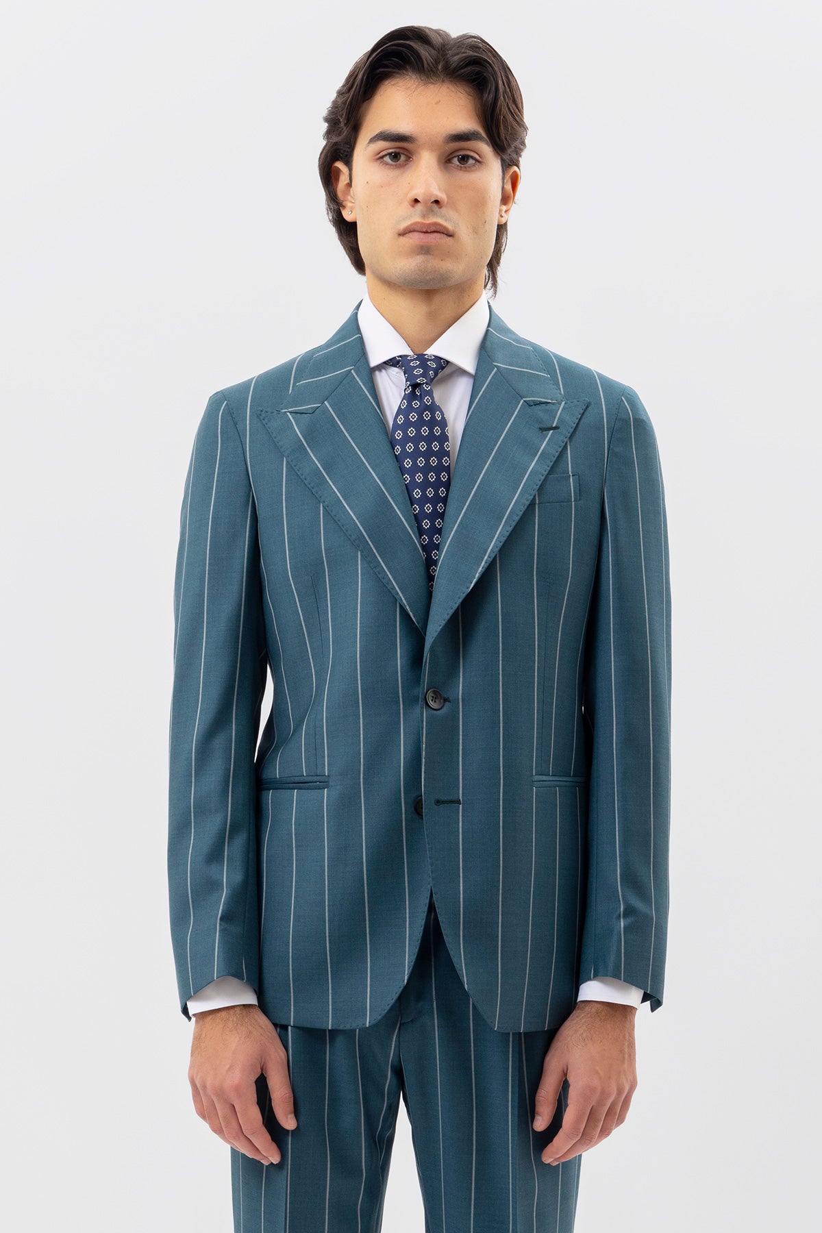 Giacca Monopetto Verde Gessata Uomo Fresco Lana Super 150's Bristol Tessuti Napoli Rever A Lancia