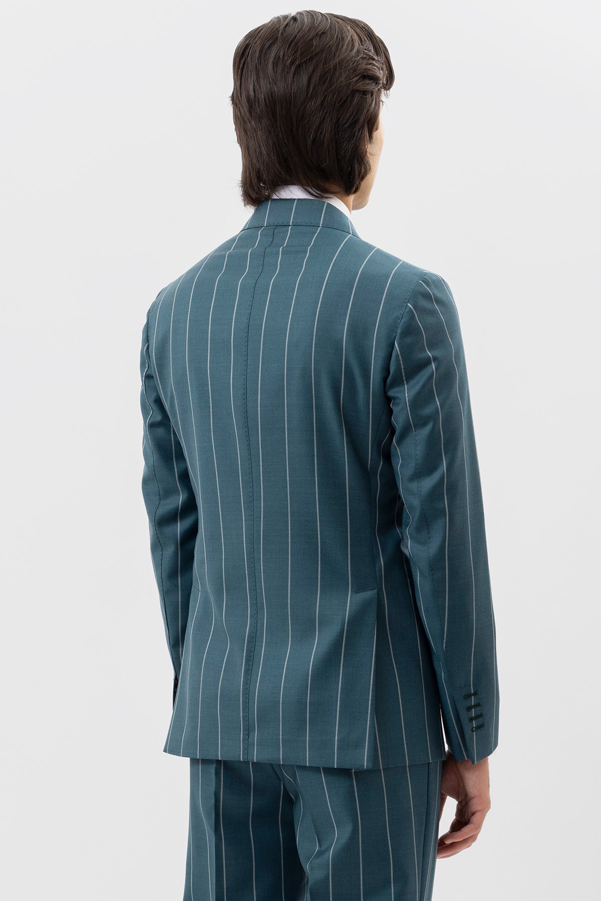 Giacca Monopetto Verde Gessata Uomo Fresco Lana Super 150's Bristol Tessuti Napoli Rever A Lancia