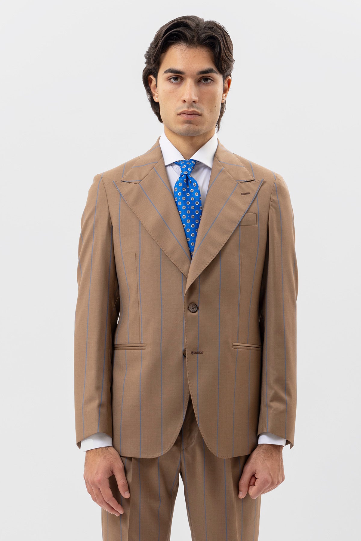 Giacca Monopetto Beige Gessata Uomo Fresco Lana Super 130's Fordam Tessuti Napoli Rever A Lancia