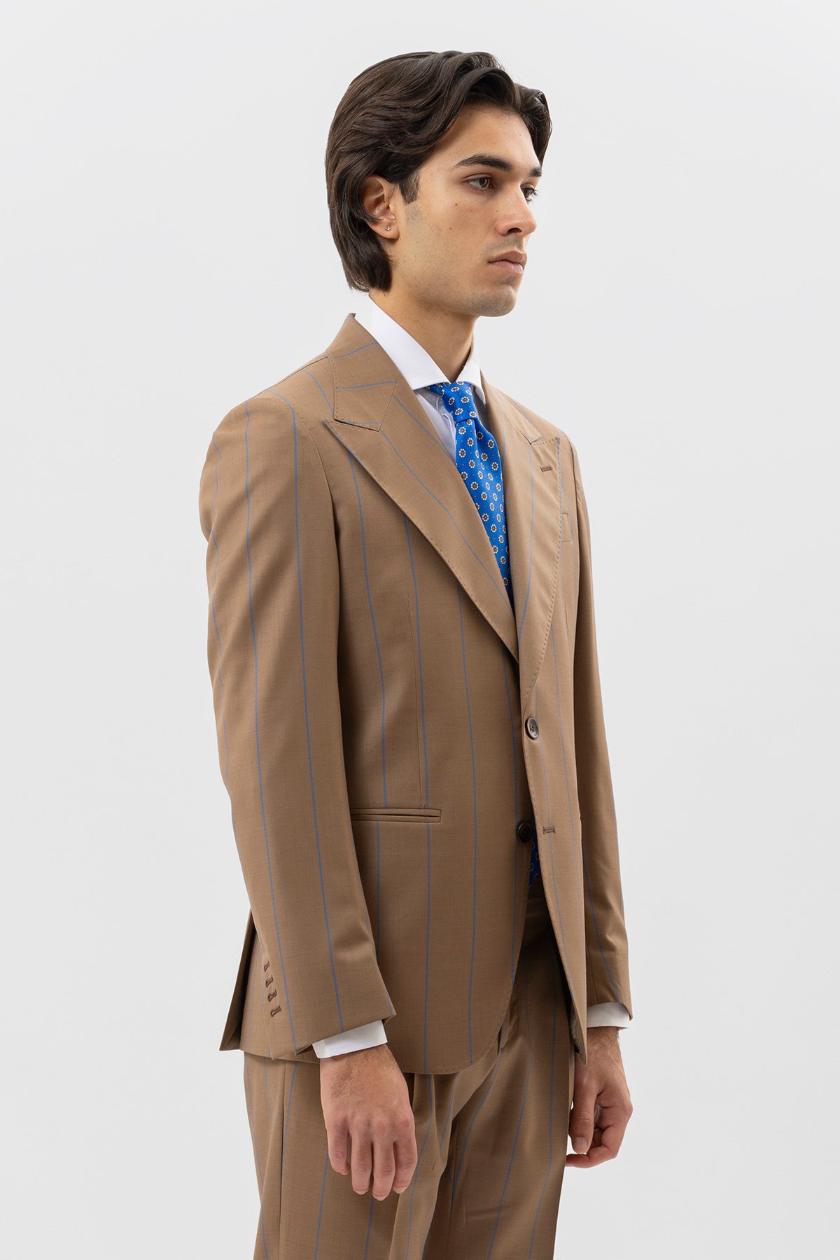 Giacca Monopetto Beige Gessata Uomo Fresco Lana Super 130's Fordam Tessuti Napoli Rever A Lancia
