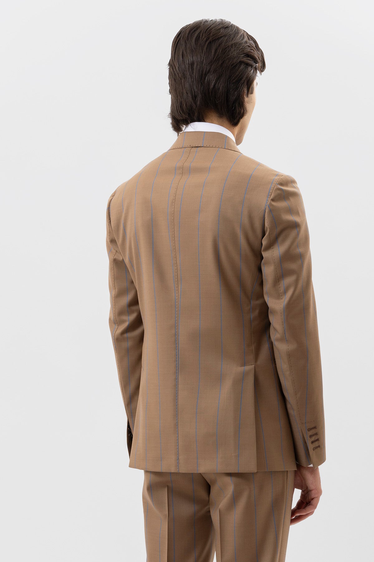 Giacca Monopetto Beige Gessata Uomo Fresco Lana Super 130's Fordam Tessuti Napoli Rever A Lancia