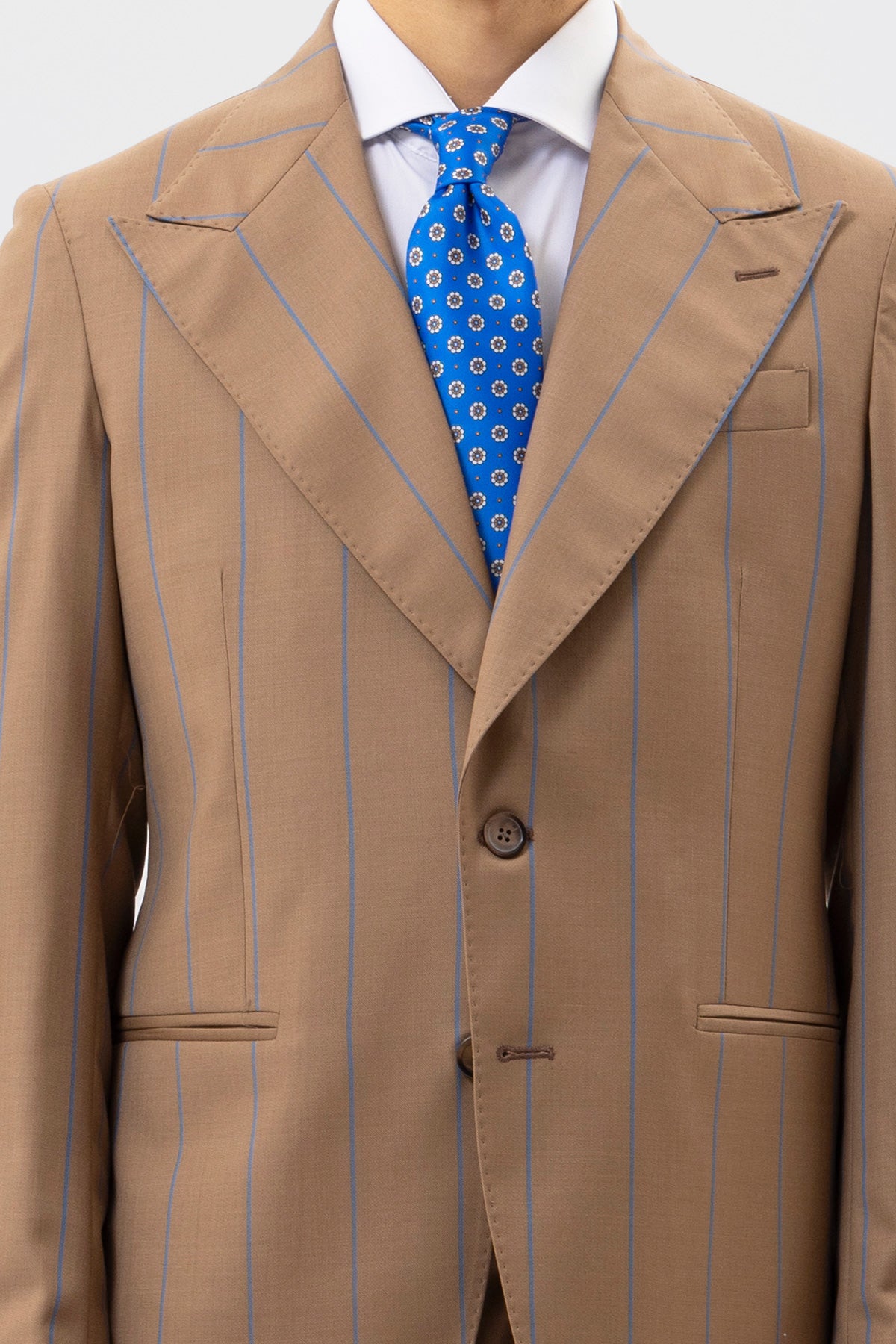 Giacca Monopetto Beige Gessata Uomo Fresco Lana Super 130's Fordam Tessuti Napoli Rever A Lancia