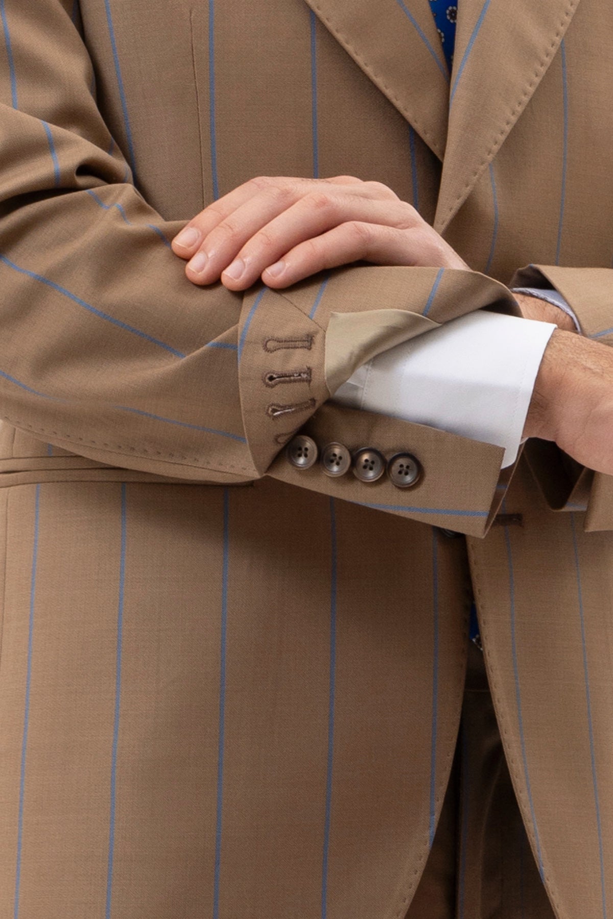 Giacca Monopetto Beige Gessata Uomo Fresco Lana Super 130's Fordam Tessuti Napoli Rever A Lancia