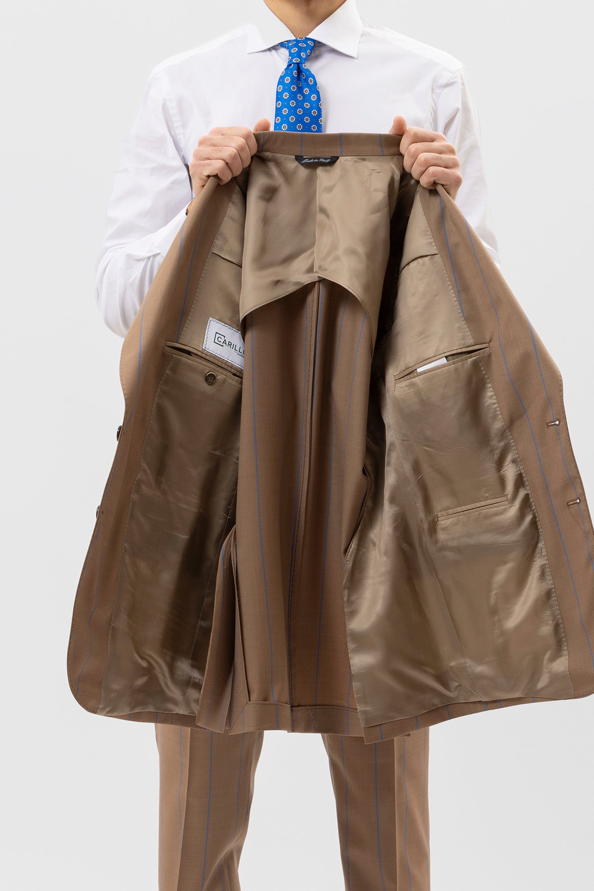 Giacca Monopetto Beige Gessata Uomo Fresco Lana Super 130's Fordam Tessuti Napoli Rever A Lancia