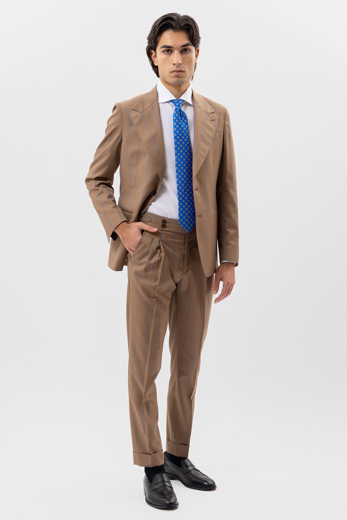 Giacca Monopetto Beige Gessata Uomo Fresco Lana Super 130's Fordam Tessuti Napoli Rever A Lancia