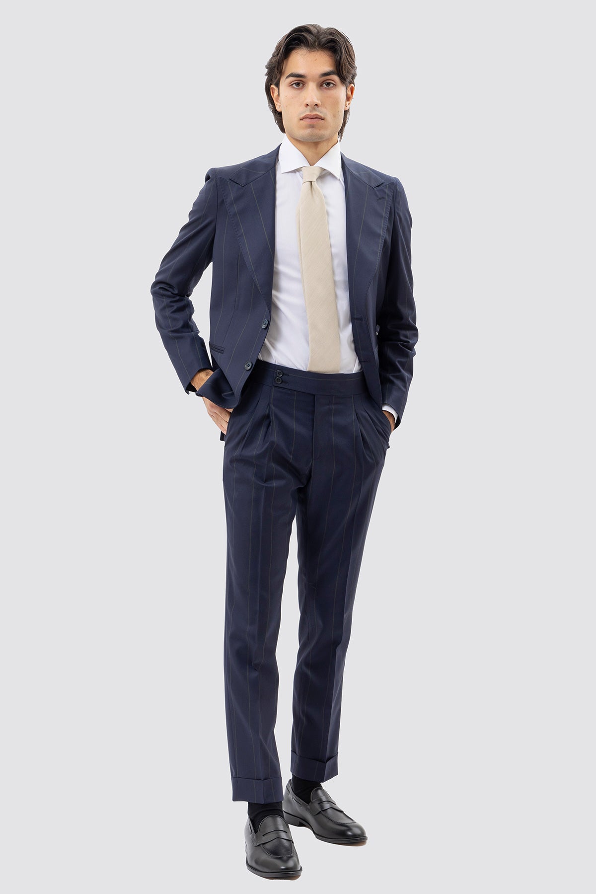 Abito Monopetto Blu Gessata Verde Uomo Fresco Lana  Super 130's Fordam Tessuti Napoli Rever A Lancia