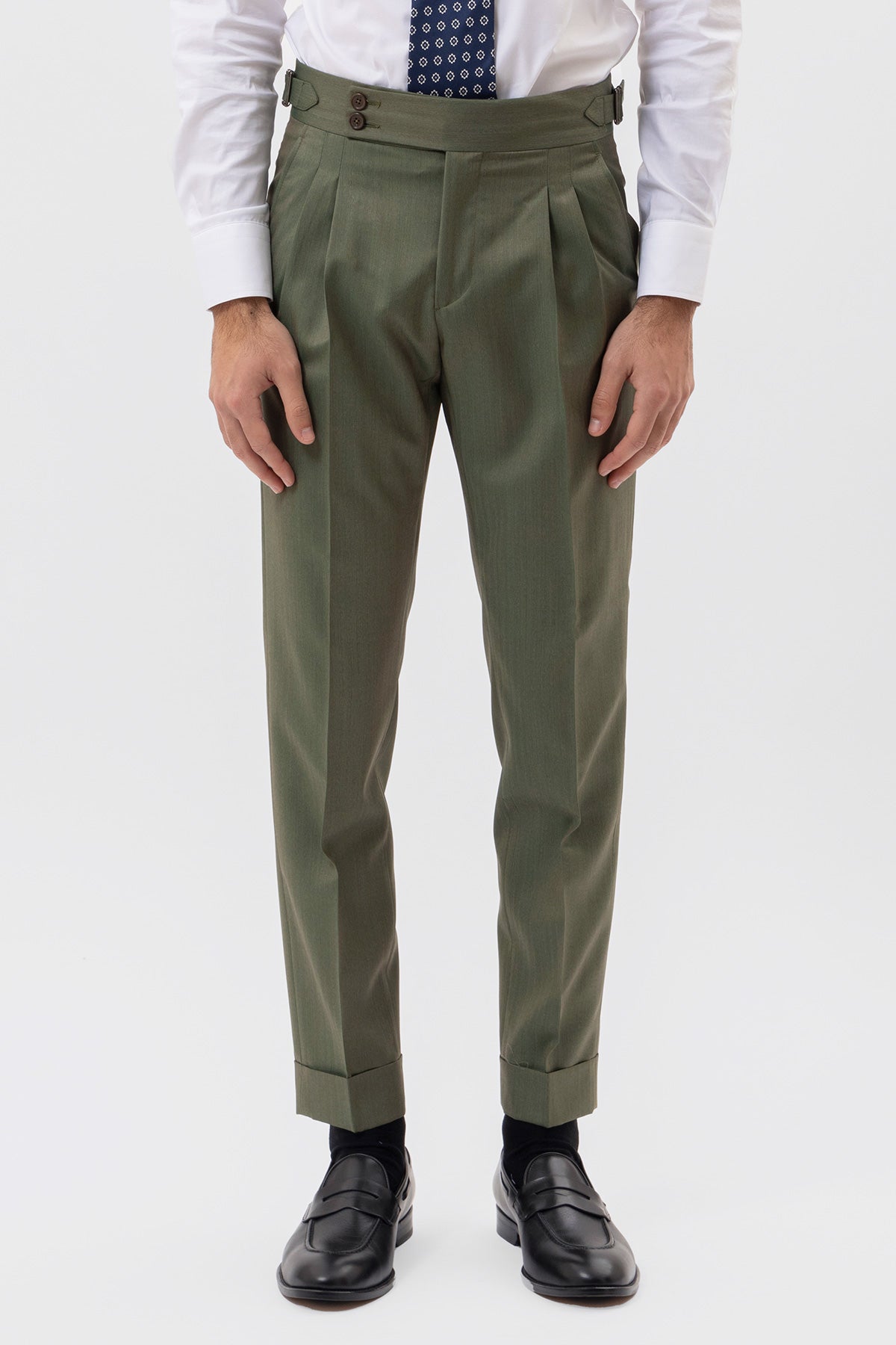PANTALONE VERDE SOLARO VITA  ALTA UOMO FRESCO LANA  VITALE BARBERIS CANONICO CON FIBBIE LATERALI E RISVOLTO 5CM .