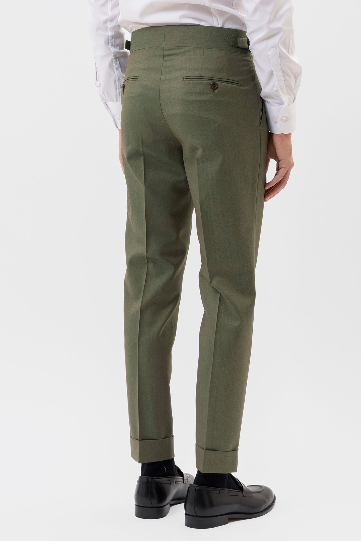 PANTALONE VERDE SOLARO VITA  ALTA UOMO FRESCO LANA  VITALE BARBERIS CANONICO CON FIBBIE LATERALI E RISVOLTO 5CM .