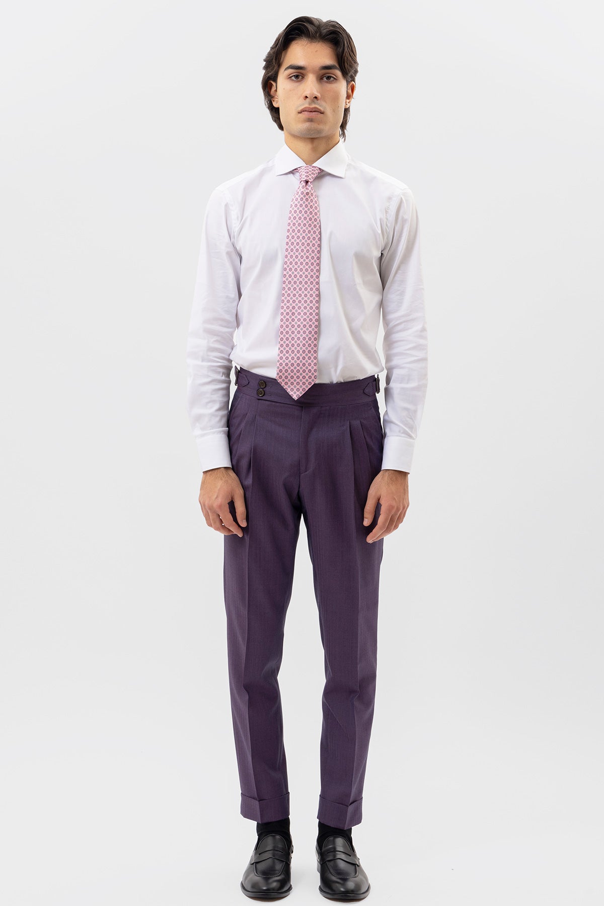 PANTALONE VIOLA SOLARO VITA  ALTA UOMO FRESCO LANA VITALE BARBERIS CANONICO CON FIBBIE LATERALI E RISVOLTO 5CM .