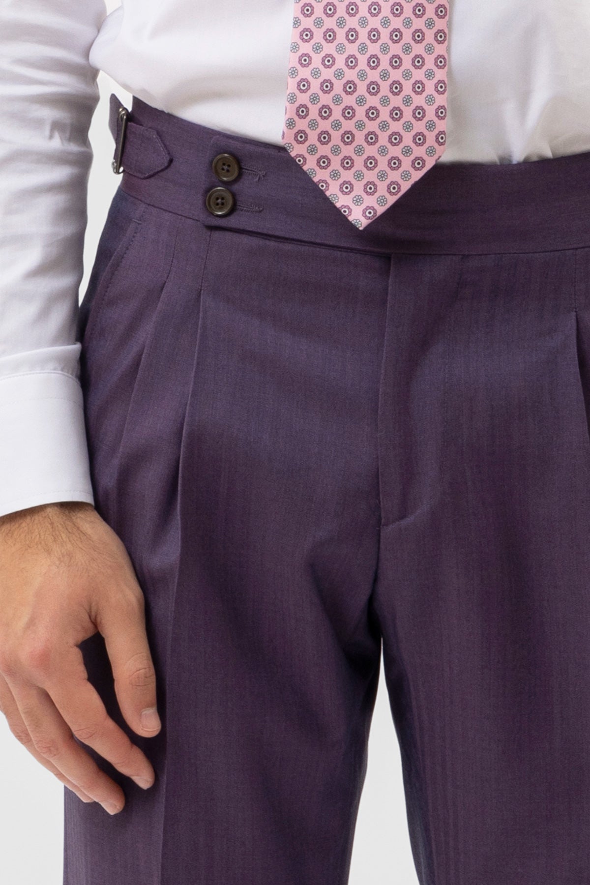PANTALONE VIOLA SOLARO VITA  ALTA UOMO FRESCO LANA VITALE BARBERIS CANONICO CON FIBBIE LATERALI E RISVOLTO 5CM .