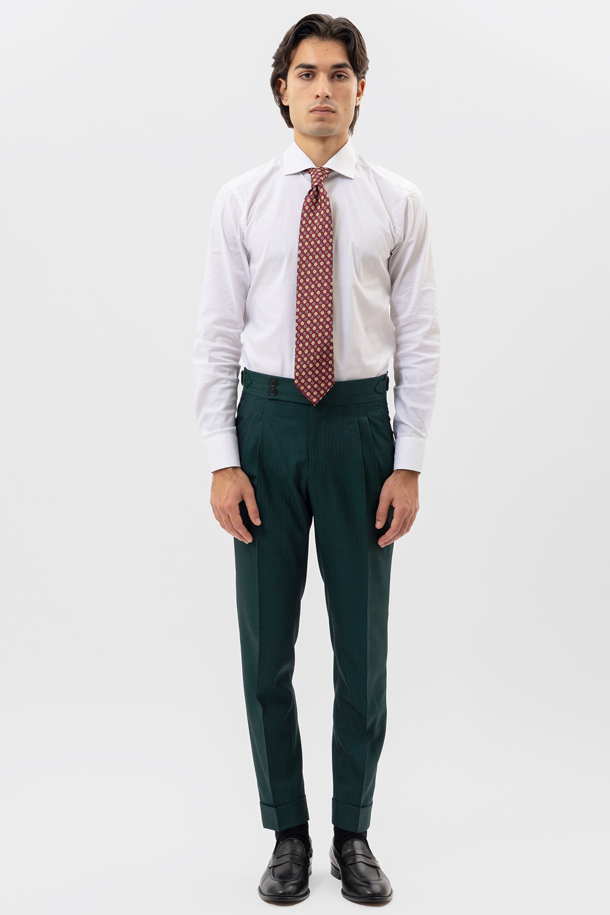 PANTALONE VITA  ALTA VERDE UOMO FRESCO LANA E SETA SOLARO HOLLAND & SHERRY DOPPIA PINCES FIBBIE LATERALI E RISVOLTO 5CM