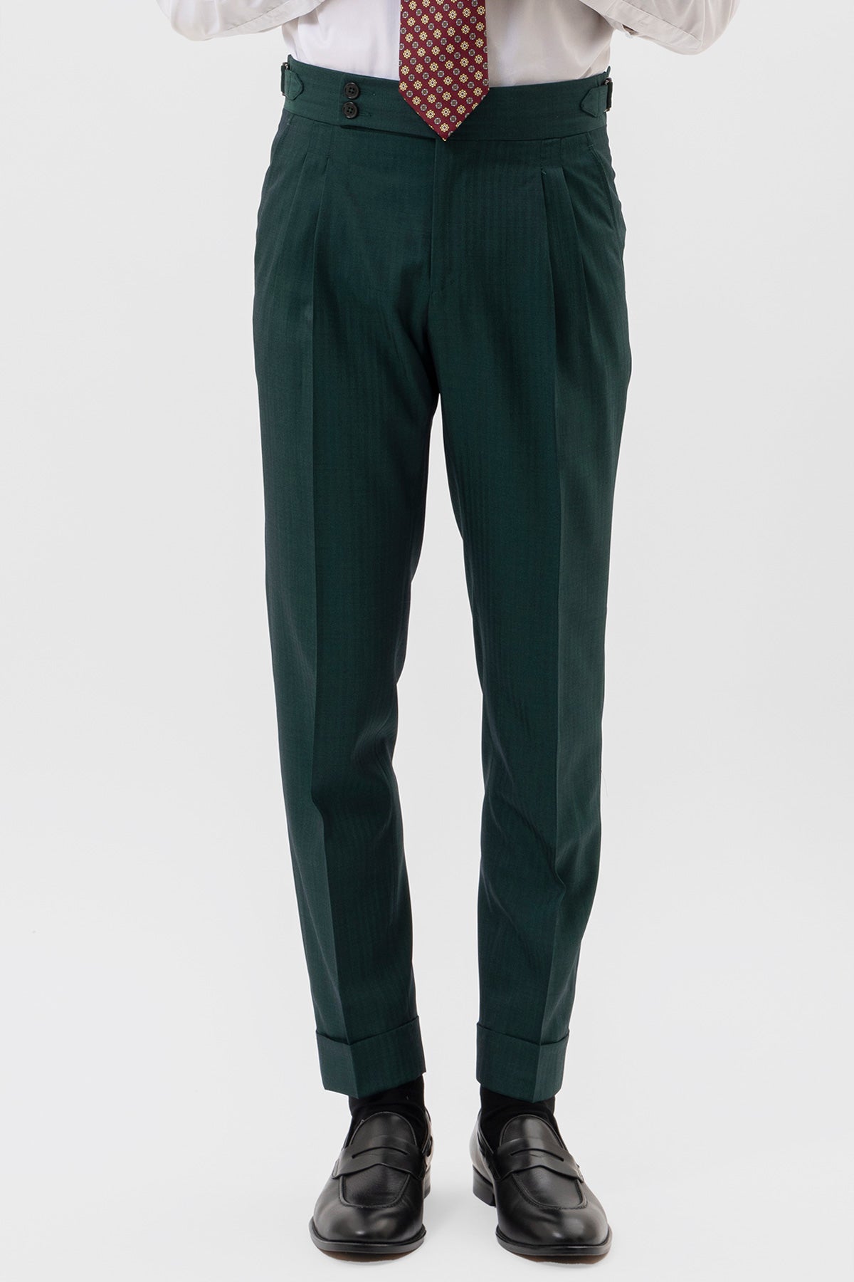 PANTALONE VITA  ALTA VERDE UOMO FRESCO LANA E SETA SOLARO HOLLAND & SHERRY DOPPIA PINCES FIBBIE LATERALI E RISVOLTO 5CM