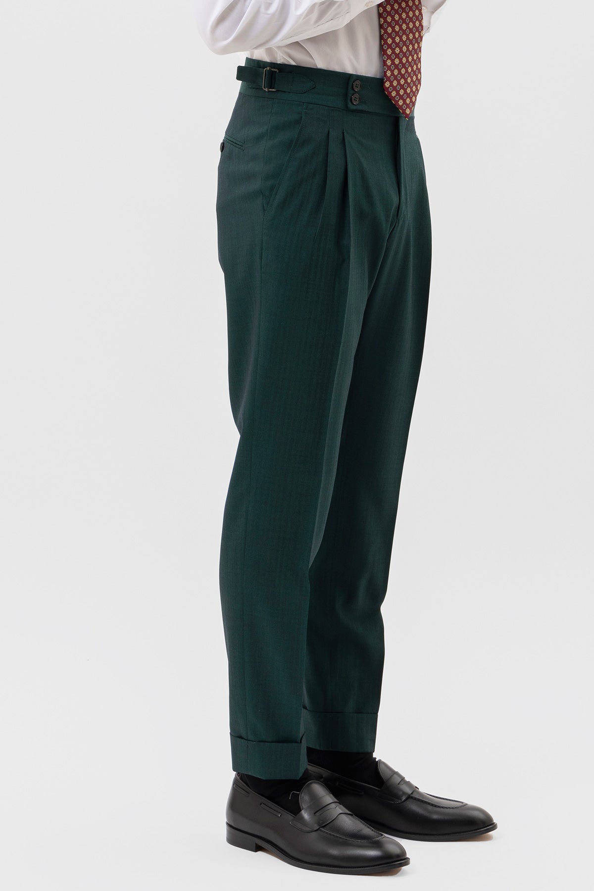 PANTALONE VITA  ALTA VERDE UOMO FRESCO LANA E SETA SOLARO HOLLAND & SHERRY DOPPIA PINCES FIBBIE LATERALI E RISVOLTO 5CM