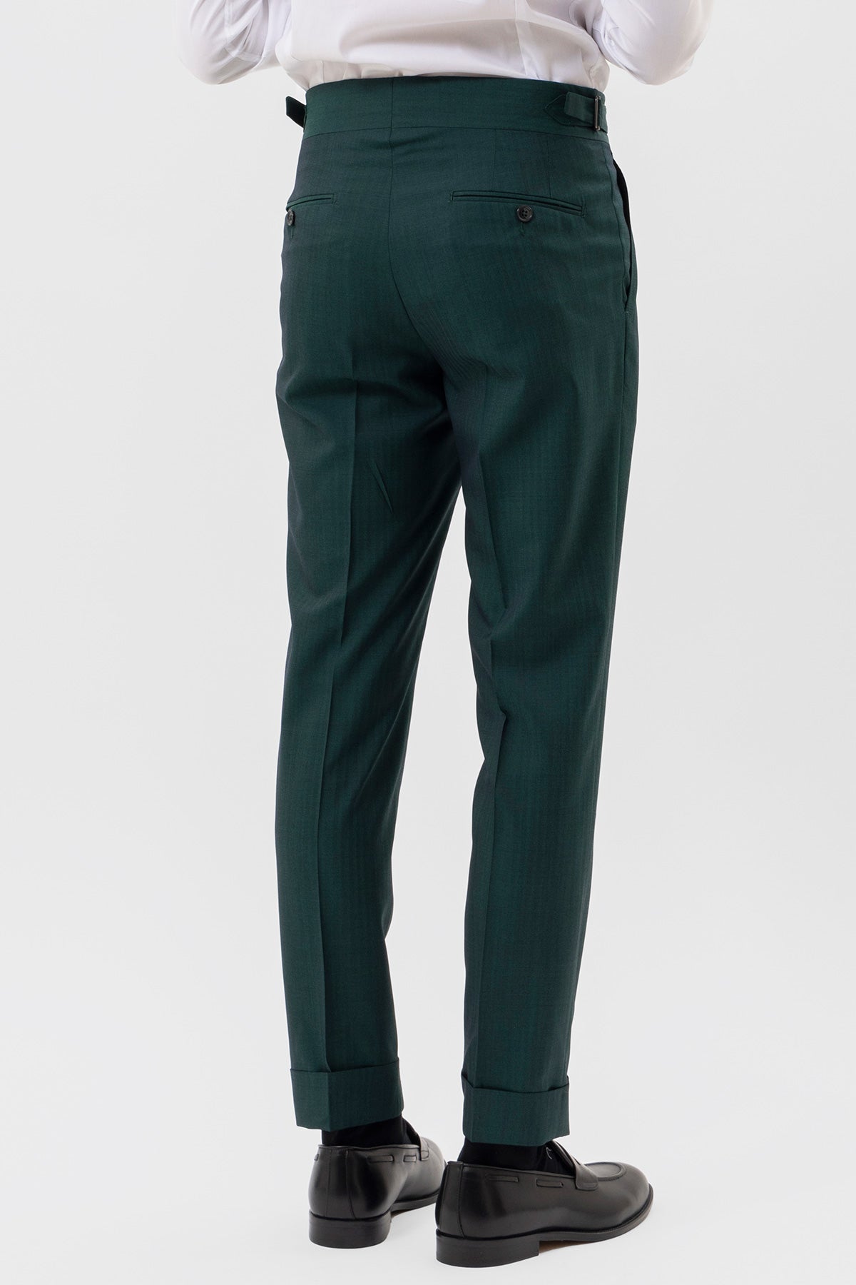 PANTALONE VITA  ALTA VERDE UOMO FRESCO LANA E SETA SOLARO HOLLAND & SHERRY DOPPIA PINCES FIBBIE LATERALI E RISVOLTO 5CM