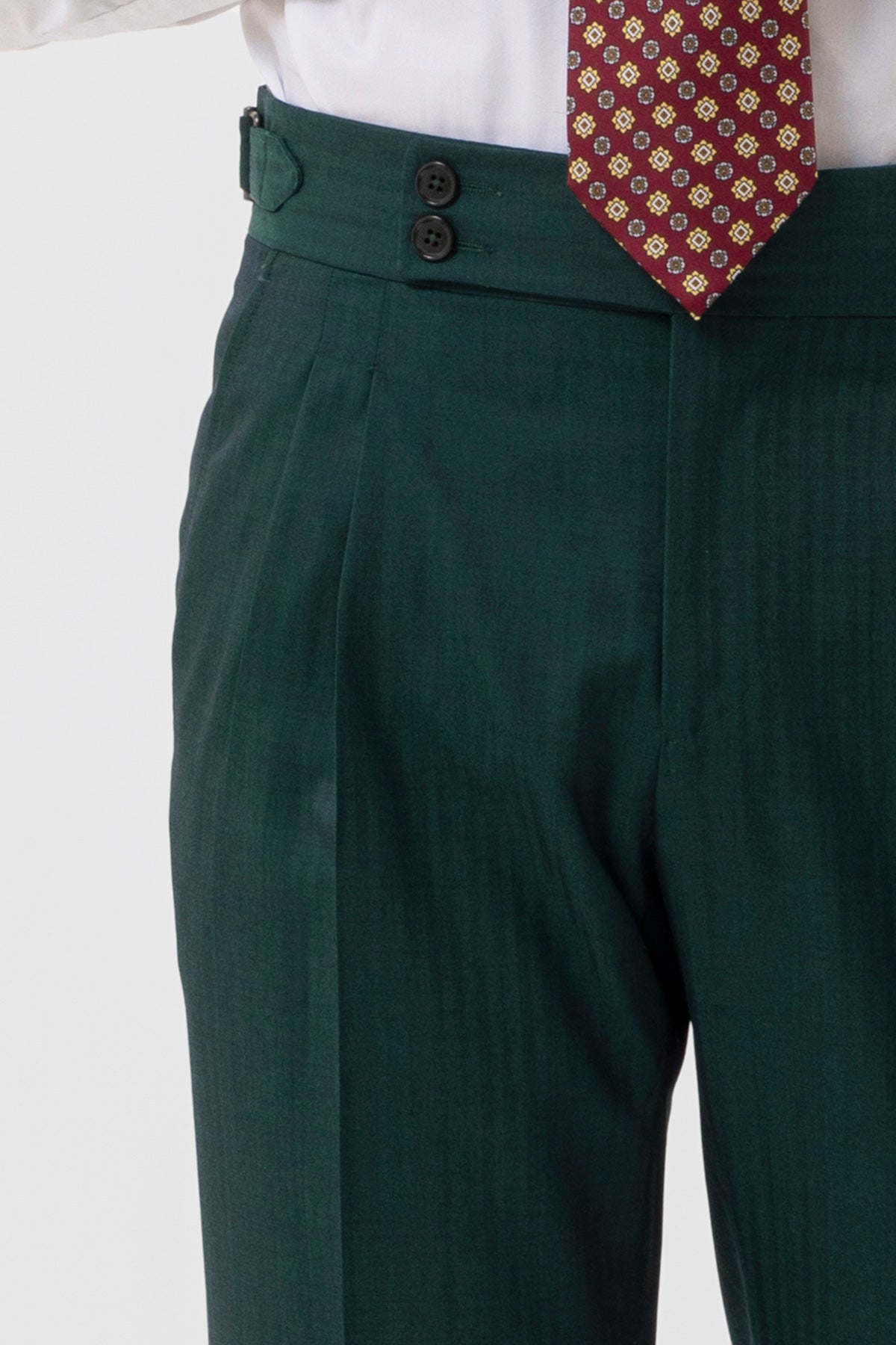 PANTALONE VITA  ALTA VERDE UOMO FRESCO LANA E SETA SOLARO HOLLAND & SHERRY DOPPIA PINCES FIBBIE LATERALI E RISVOLTO 5CM