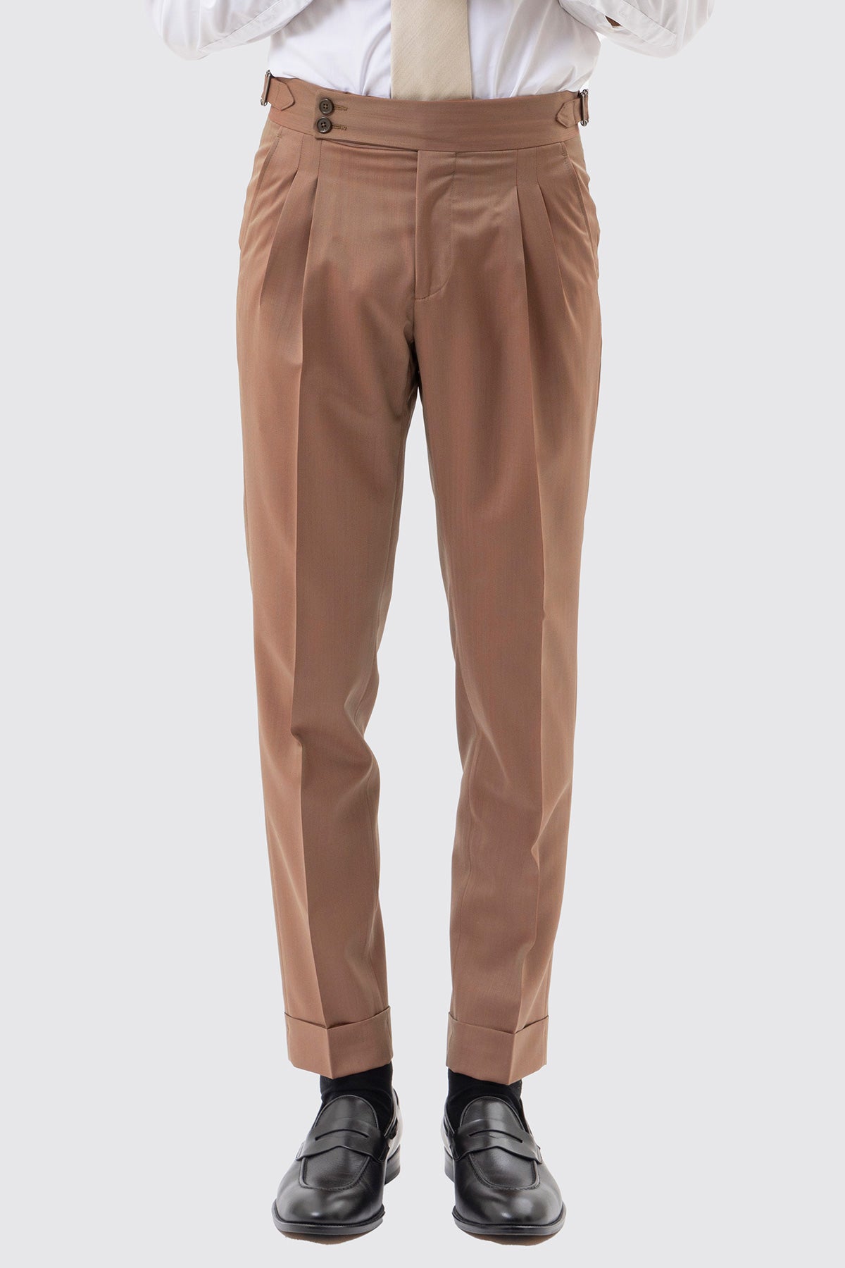 PANTALONE FANGO SOLARO VITA  ALTA UOMO FRESCO LANA VITALE BARBERIS CANONICO CON FIBBIE LATERALI E RISVOLTO 5CM .