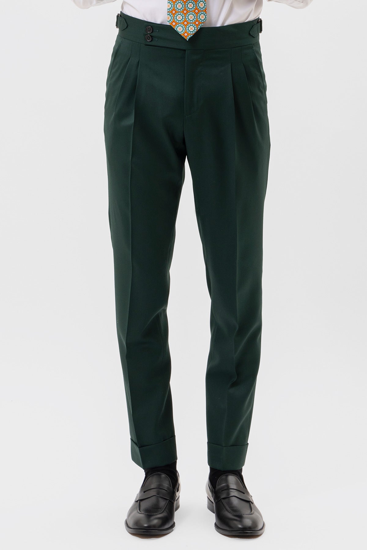 PANTALONE VERDE BOTTIGLIA VITA  ALTA UOMO FRESCO LANA SUPER 130'S BRISTOL TESSUTI NAPOLI DOPPIA PINCES FIBBIE LATERALI E RISVOLTO 5CM