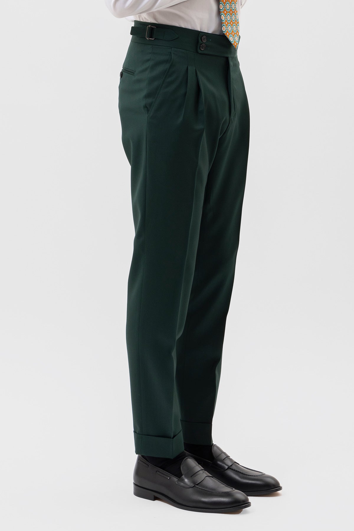 PANTALONE VERDE BOTTIGLIA VITA  ALTA UOMO FRESCO LANA SUPER 130'S BRISTOL TESSUTI NAPOLI DOPPIA PINCES FIBBIE LATERALI E RISVOLTO 5CM