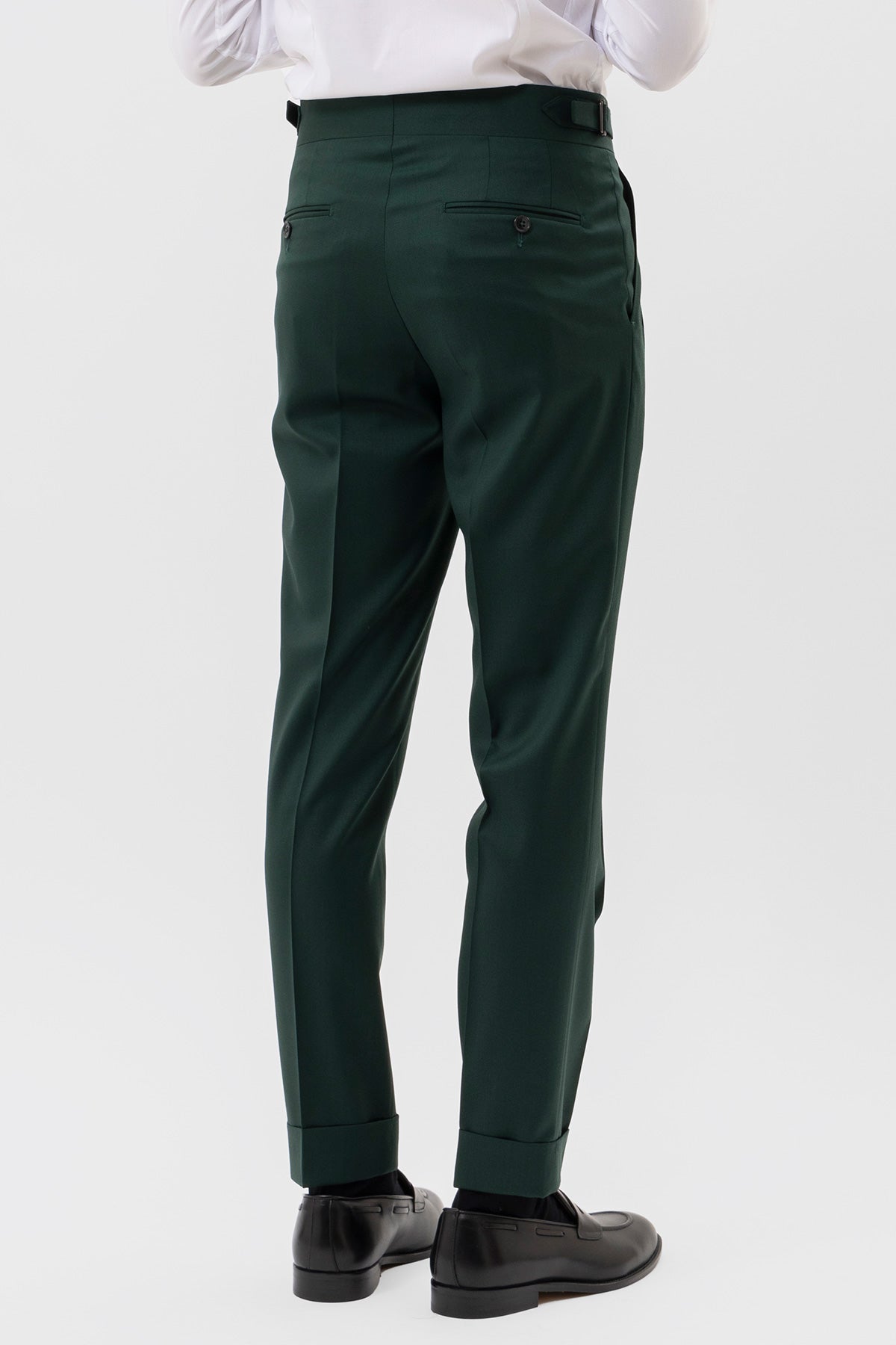 PANTALONE VERDE BOTTIGLIA VITA  ALTA UOMO FRESCO LANA SUPER 130'S BRISTOL TESSUTI NAPOLI DOPPIA PINCES FIBBIE LATERALI E RISVOLTO 5CM