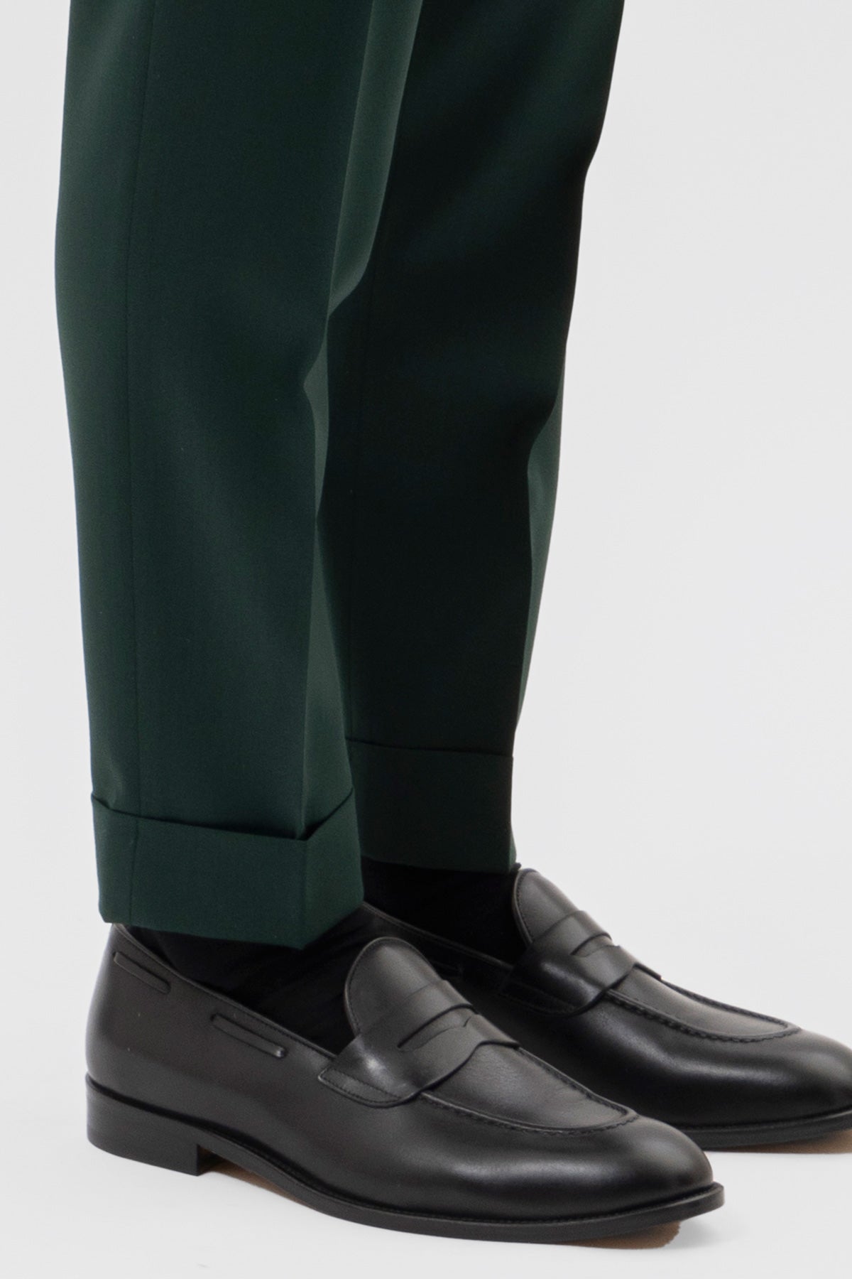 PANTALONE VERDE BOTTIGLIA VITA  ALTA UOMO FRESCO LANA SUPER 130'S BRISTOL TESSUTI NAPOLI DOPPIA PINCES FIBBIE LATERALI E RISVOLTO 5CM