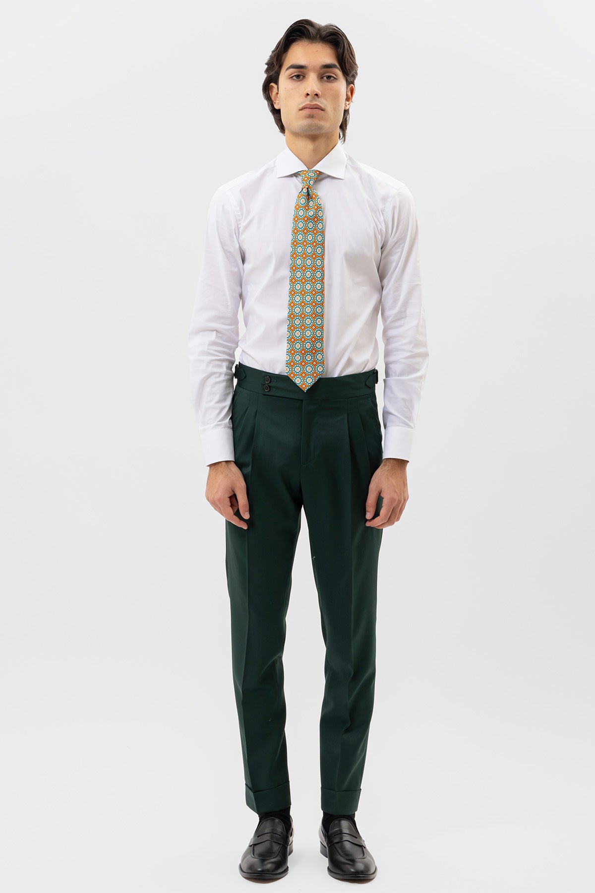 PANTALONE VERDE BOTTIGLIA VITA  ALTA UOMO FRESCO LANA SUPER 130'S BRISTOL TESSUTI NAPOLI DOPPIA PINCES FIBBIE LATERALI E RISVOLTO 5CM