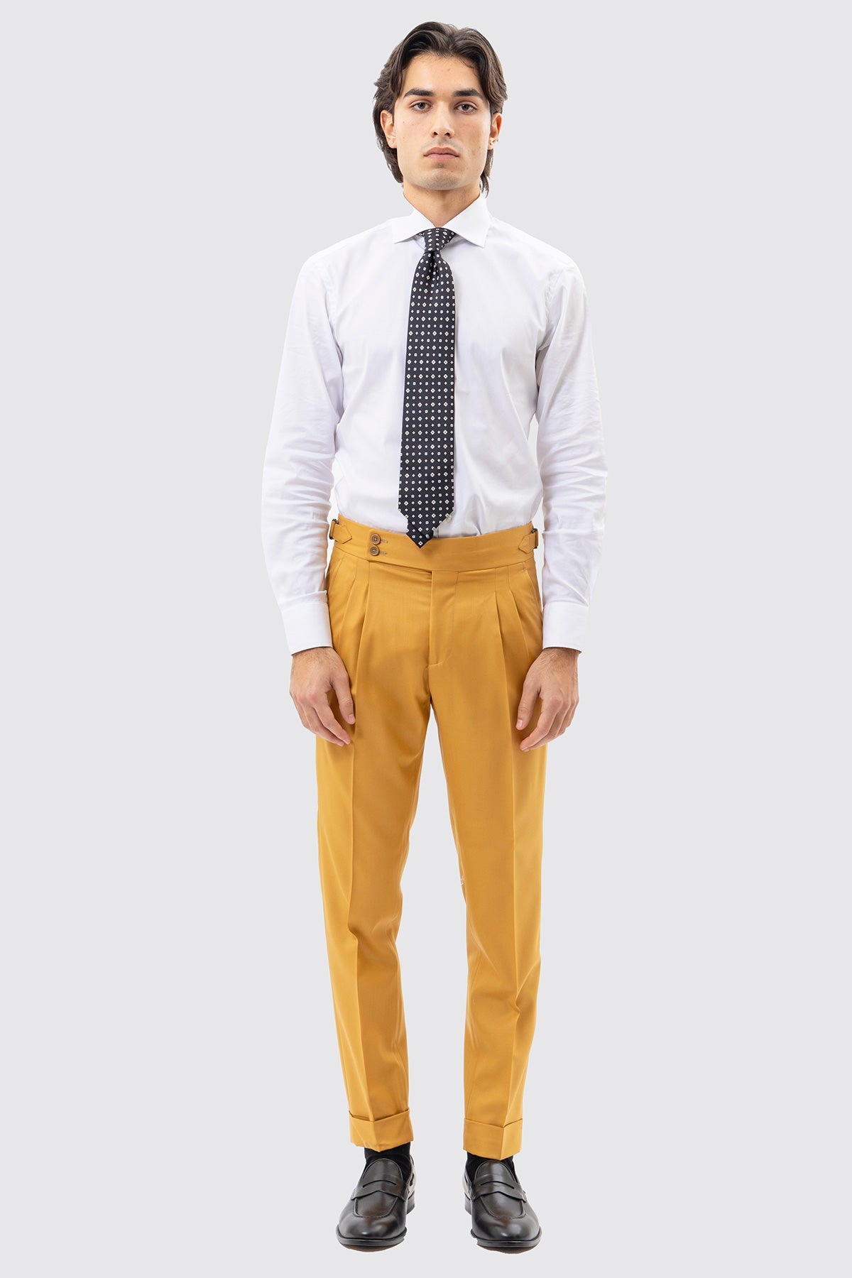 Pantalone Uomo Senape Vita  Alta In Fresco Lana Super 140 S Holland & Sherry Fibbie Laterali E Risvolto 5cm