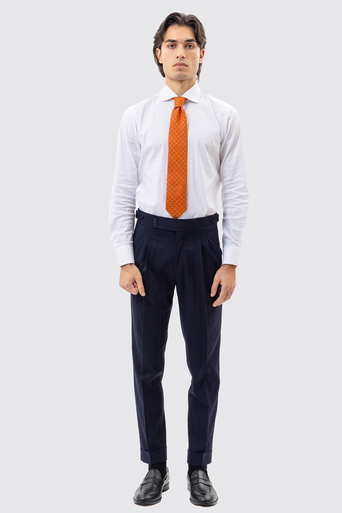 Pantalone Vita  Alta Blu Rigato Uomo Fresco Lana Mista Con Doppia Pinces E Risvolto 5 Cm .