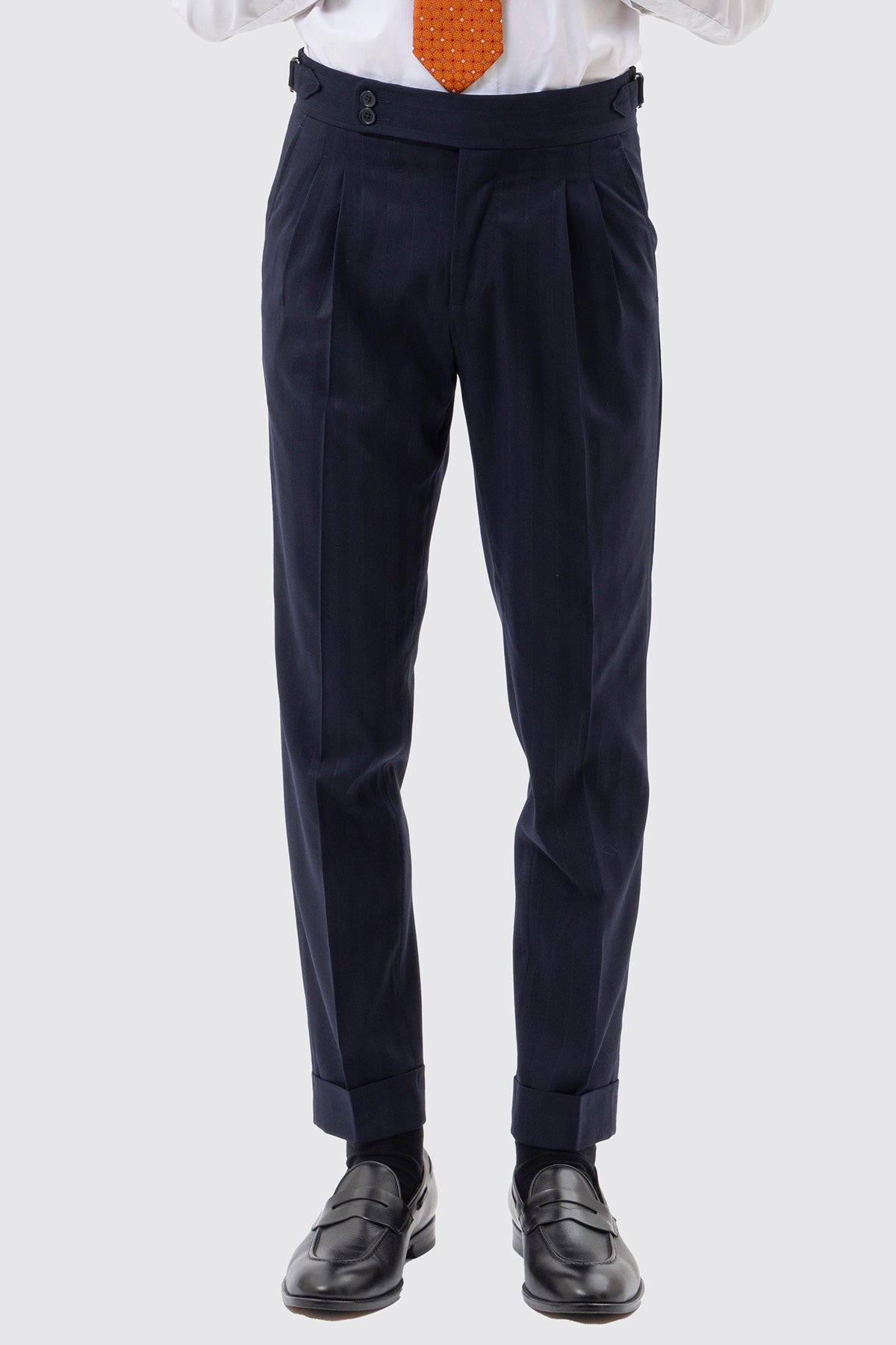 Pantalone Vita  Alta Blu Rigato Uomo Fresco Lana Mista Con Doppia Pinces E Risvolto 5 Cm .