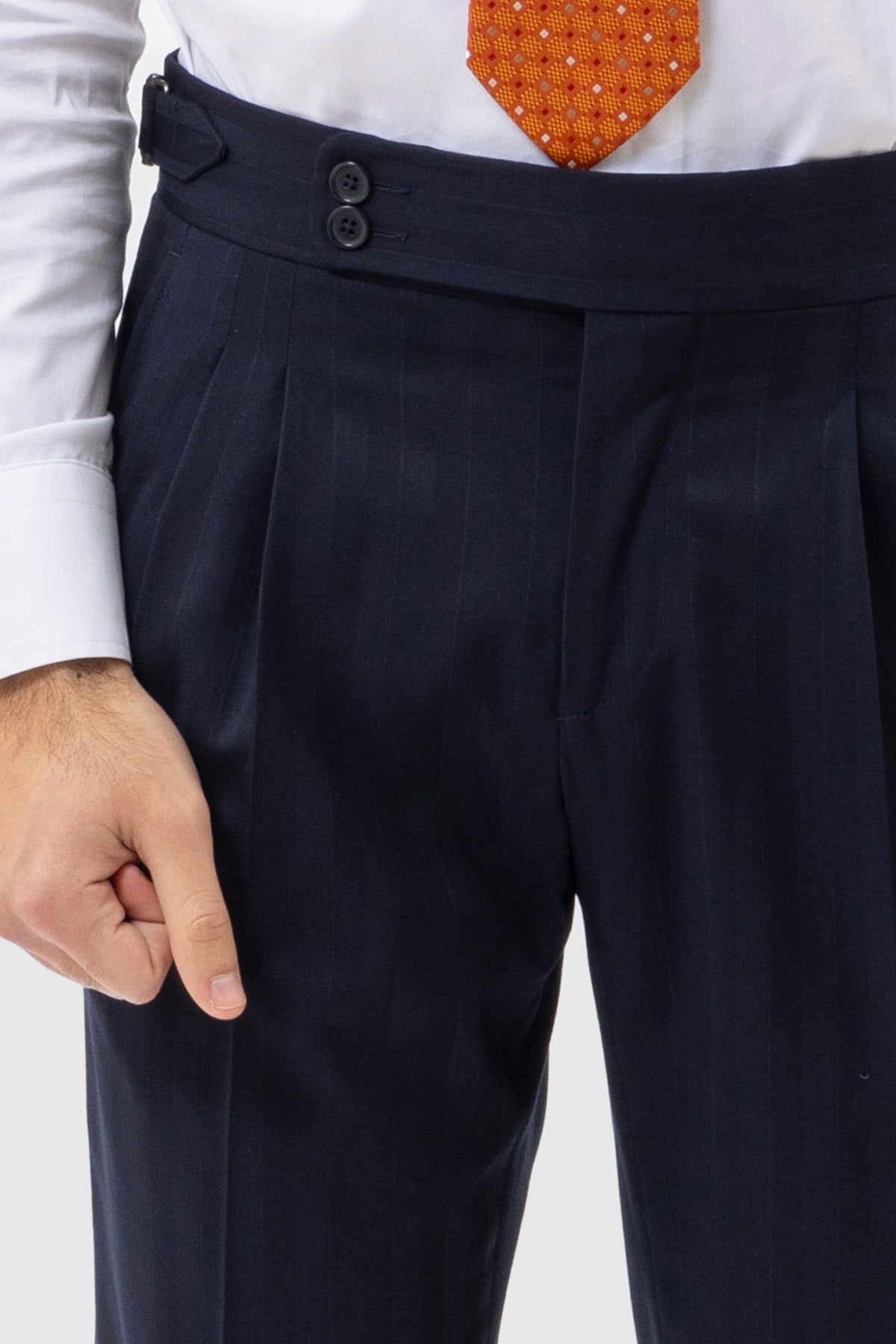 Pantalone Vita  Alta Blu Rigato Uomo Fresco Lana Mista Con Doppia Pinces E Risvolto 5 Cm .