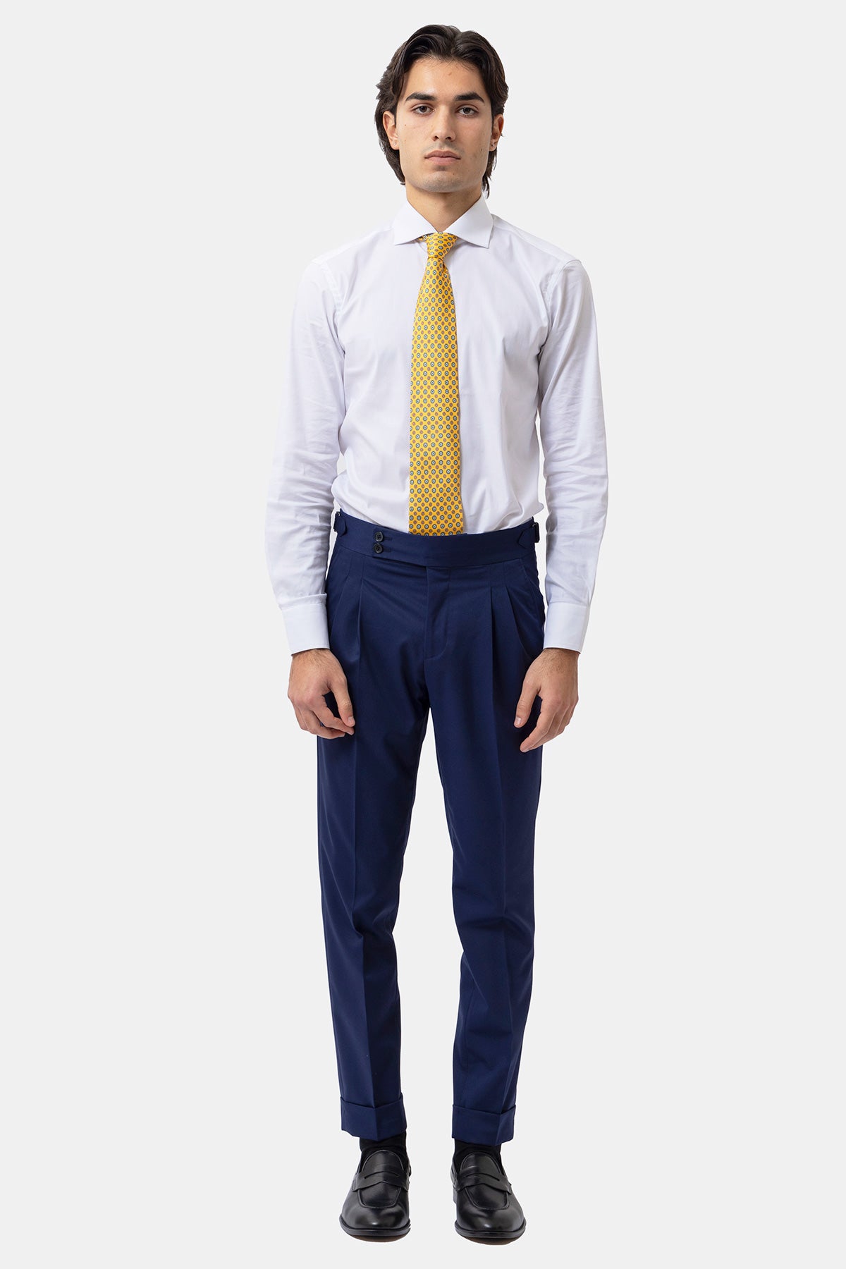 Pantalone Vita  Alta Blu Tinta Unita Uomo Con Doppia Pinces Fibbie Laterali E Risvolto 5 Cm