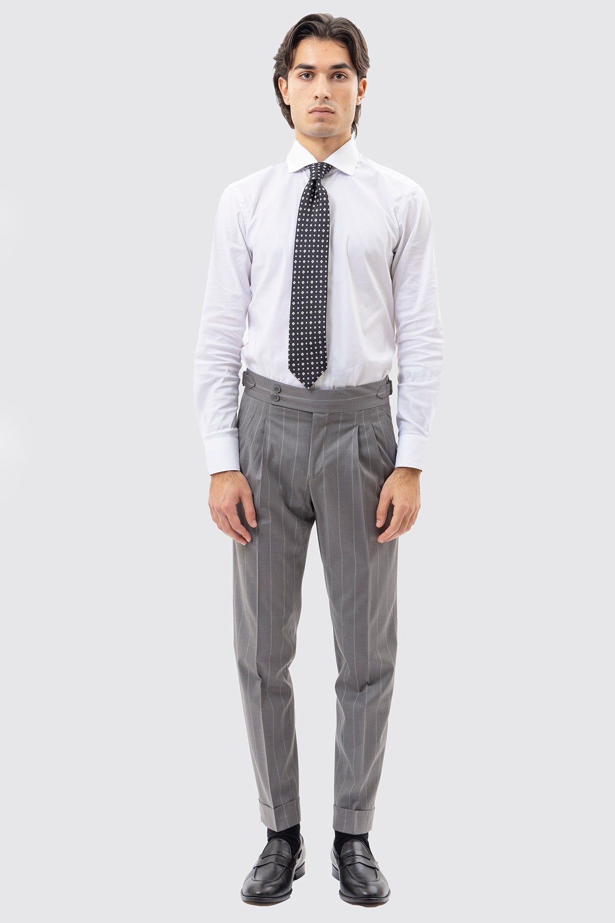 Abito Monopetto Grigio Gessato Bianco Uomo Rever 13cm Tasche A Filo Made In Italy