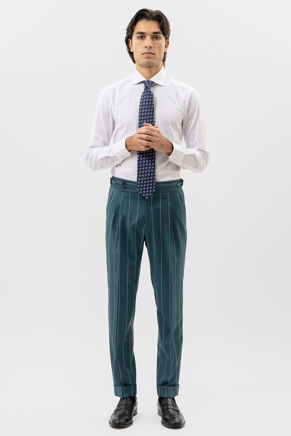 Pantalone Verde Gessato Bianco Vita  Alta Uomo Fresco Lana Super 150's Bristol Tessuti Napoli Doppia Pinces Fibbie Laterali E Risvolto 5cm