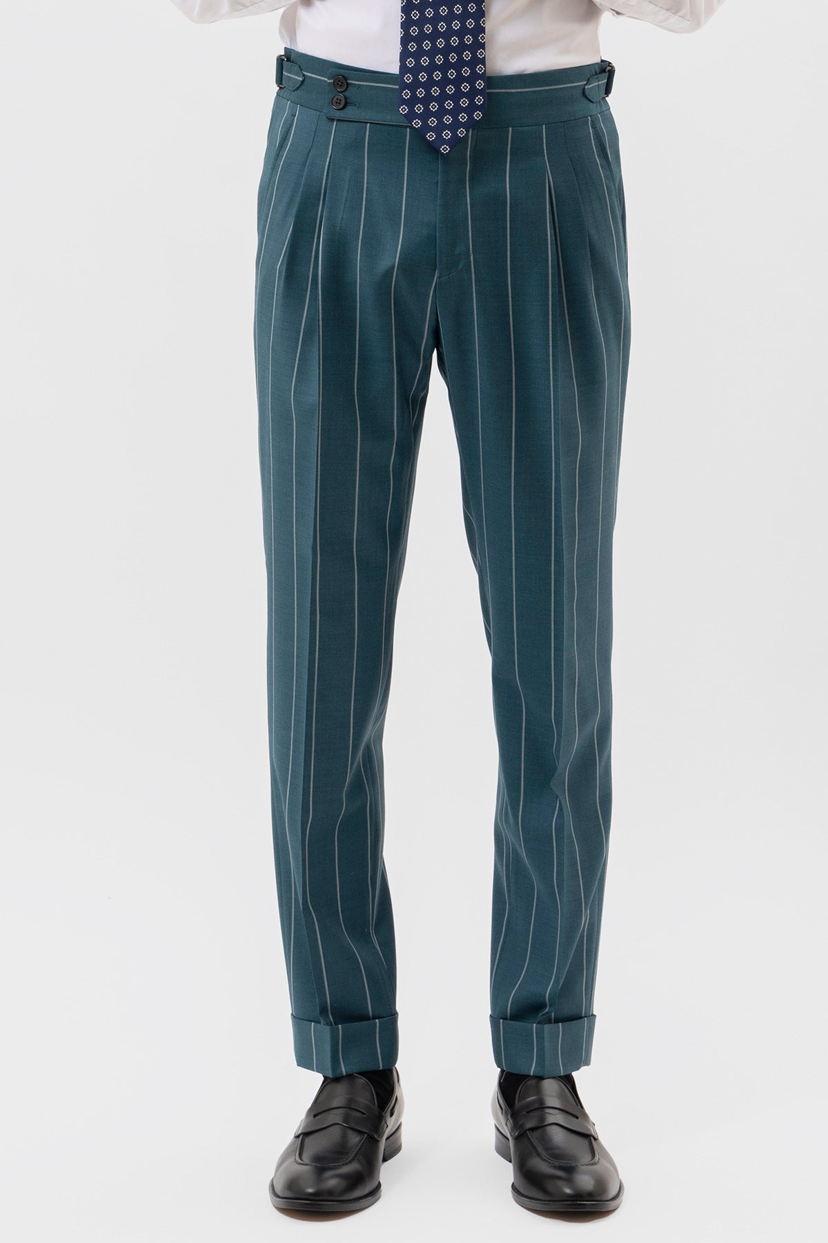 Pantalone Verde Gessato Bianco Vita  Alta Uomo Fresco Lana Super 150's Bristol Tessuti Napoli Doppia Pinces Fibbie Laterali E Risvolto 5cm