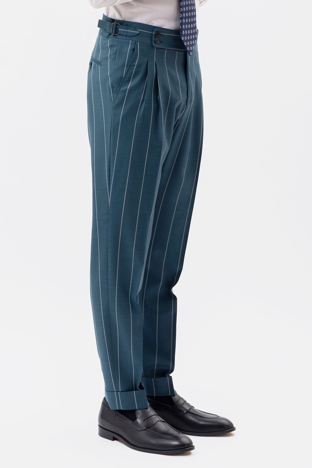 Pantalone Verde Gessato Bianco Vita  Alta Uomo Fresco Lana Super 150's Bristol Tessuti Napoli Doppia Pinces Fibbie Laterali E Risvolto 5cm