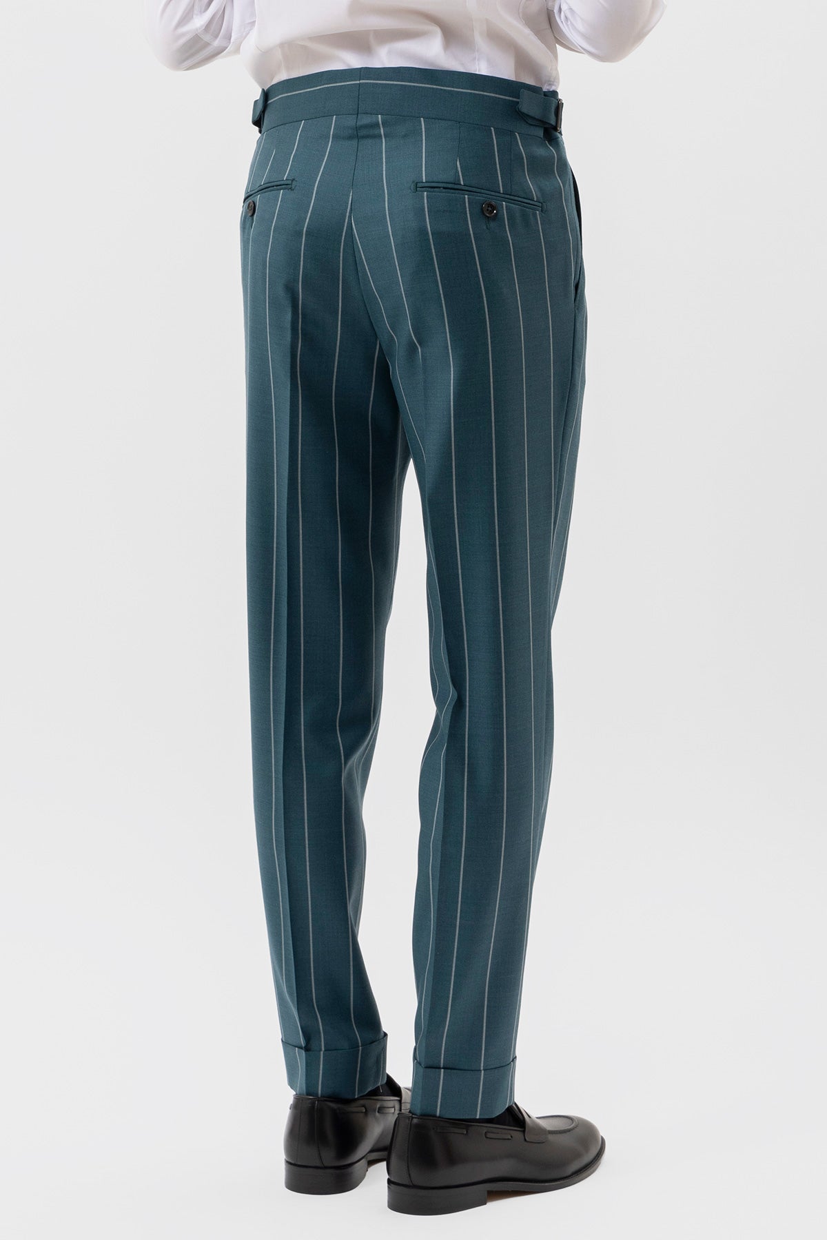 Pantalone Verde Gessato Bianco Vita  Alta Uomo Fresco Lana Super 150's Bristol Tessuti Napoli Doppia Pinces Fibbie Laterali E Risvolto 5cm