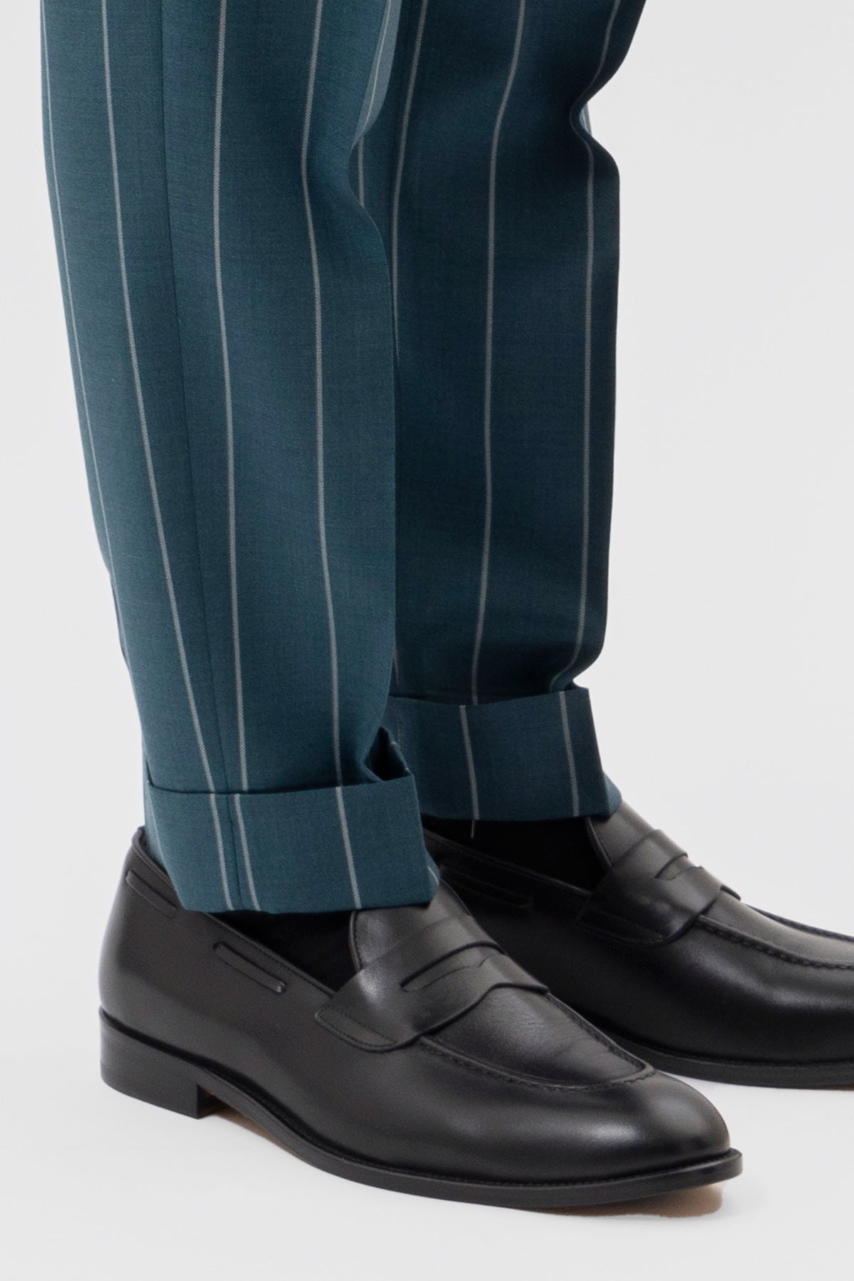 Pantalone Verde Gessato Bianco Vita  Alta Uomo Fresco Lana Super 150's Bristol Tessuti Napoli Doppia Pinces Fibbie Laterali E Risvolto 5cm