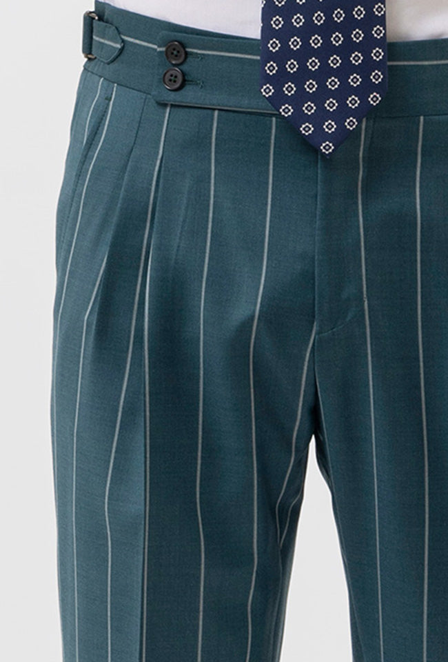 Pantalone Verde Gessato Bianco Vita  Alta Uomo Fresco Lana Super 150's Bristol Tessuti Napoli Doppia Pinces Fibbie Laterali E Risvolto 5cm