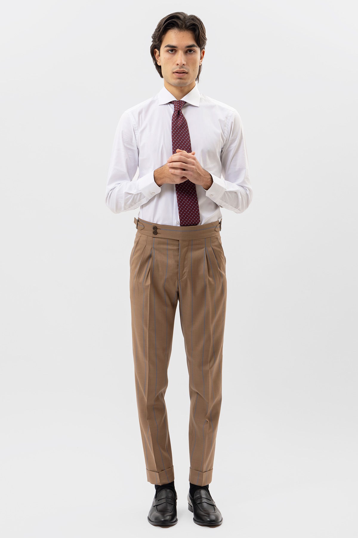 Pantalone Beige Gessato Blu Vita  Alta Uomo Fresco Lana Super 130's Fordam Tessuti Napoli Doppia Pinces Fibbie Laterali E Risvolto 5cm