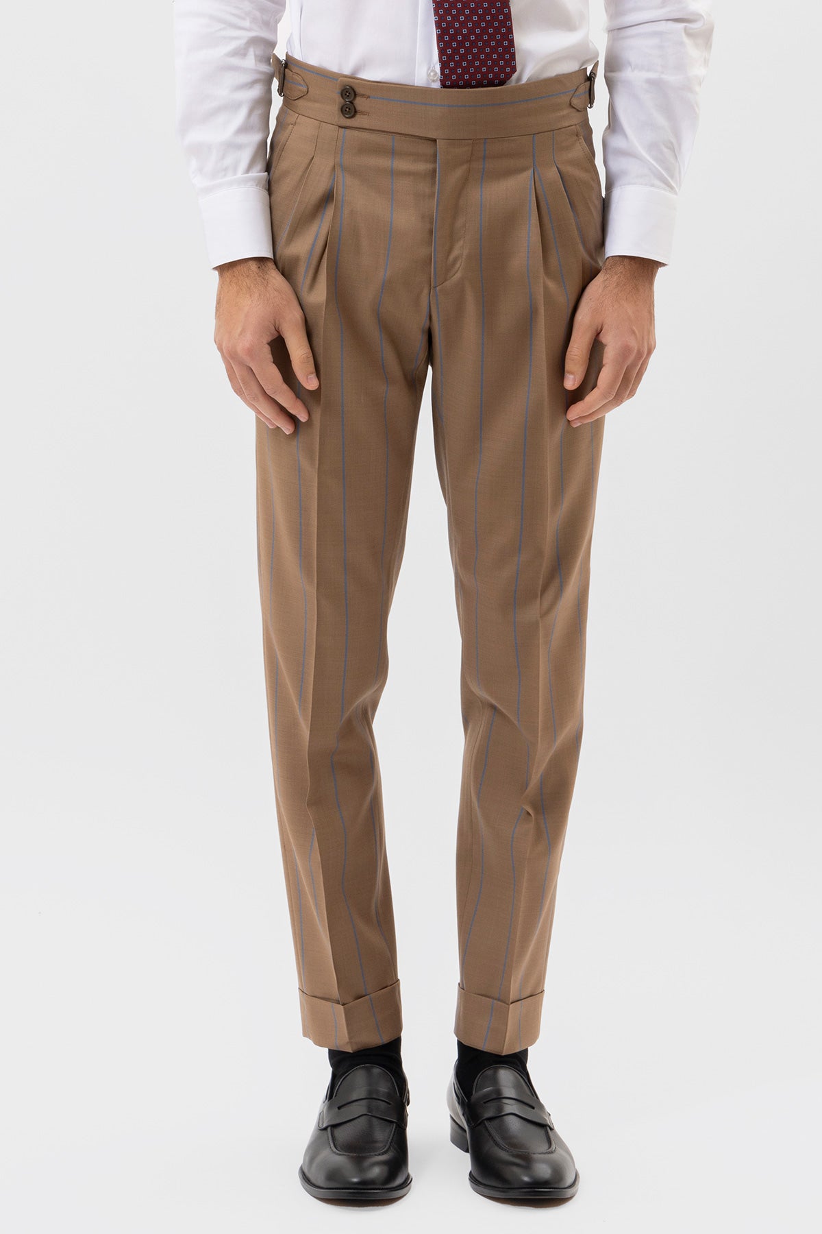Pantalone Beige Gessato Blu Vita  Alta Uomo Fresco Lana Super 130's Fordam Tessuti Napoli Doppia Pinces Fibbie Laterali E Risvolto 5cm