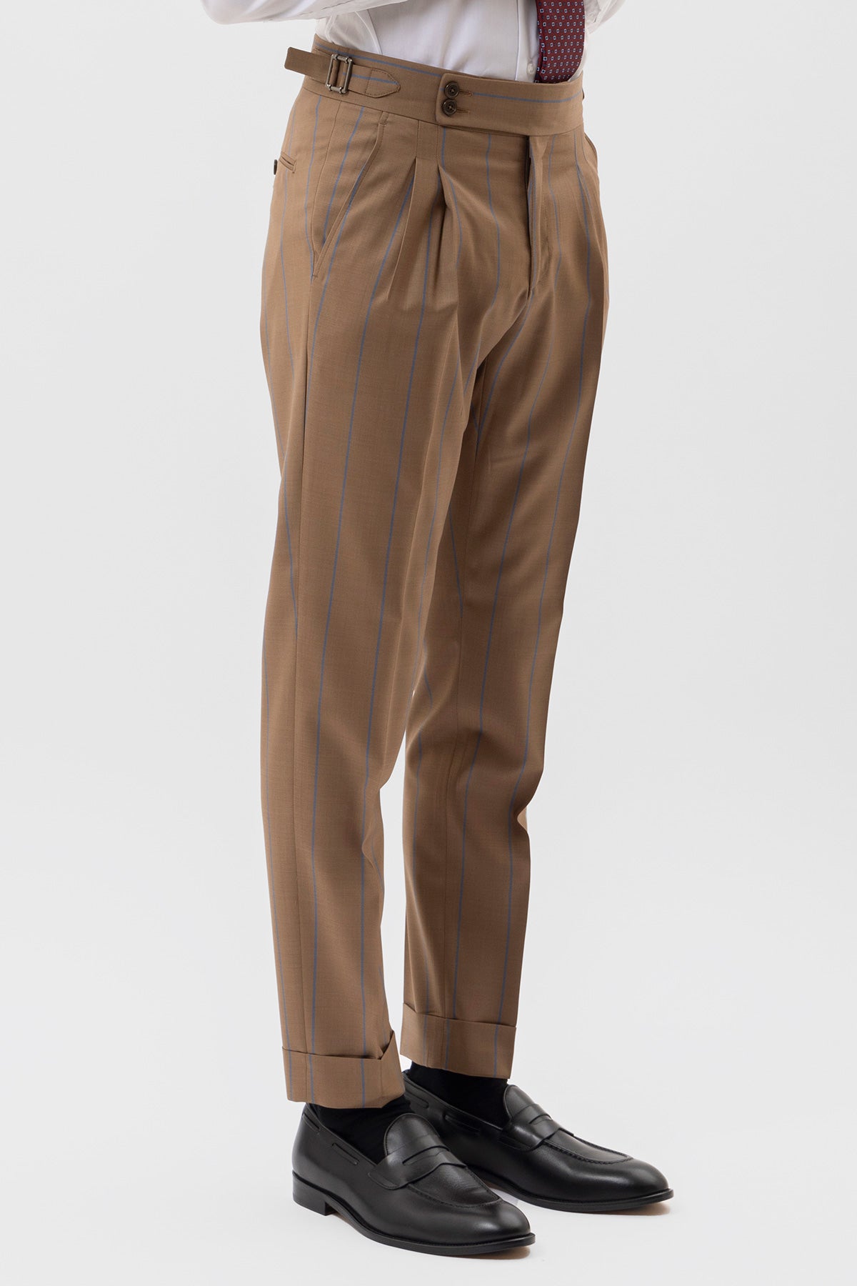 Pantalone Beige Gessato Blu Vita  Alta Uomo Fresco Lana Super 130's Fordam Tessuti Napoli Doppia Pinces Fibbie Laterali E Risvolto 5cm