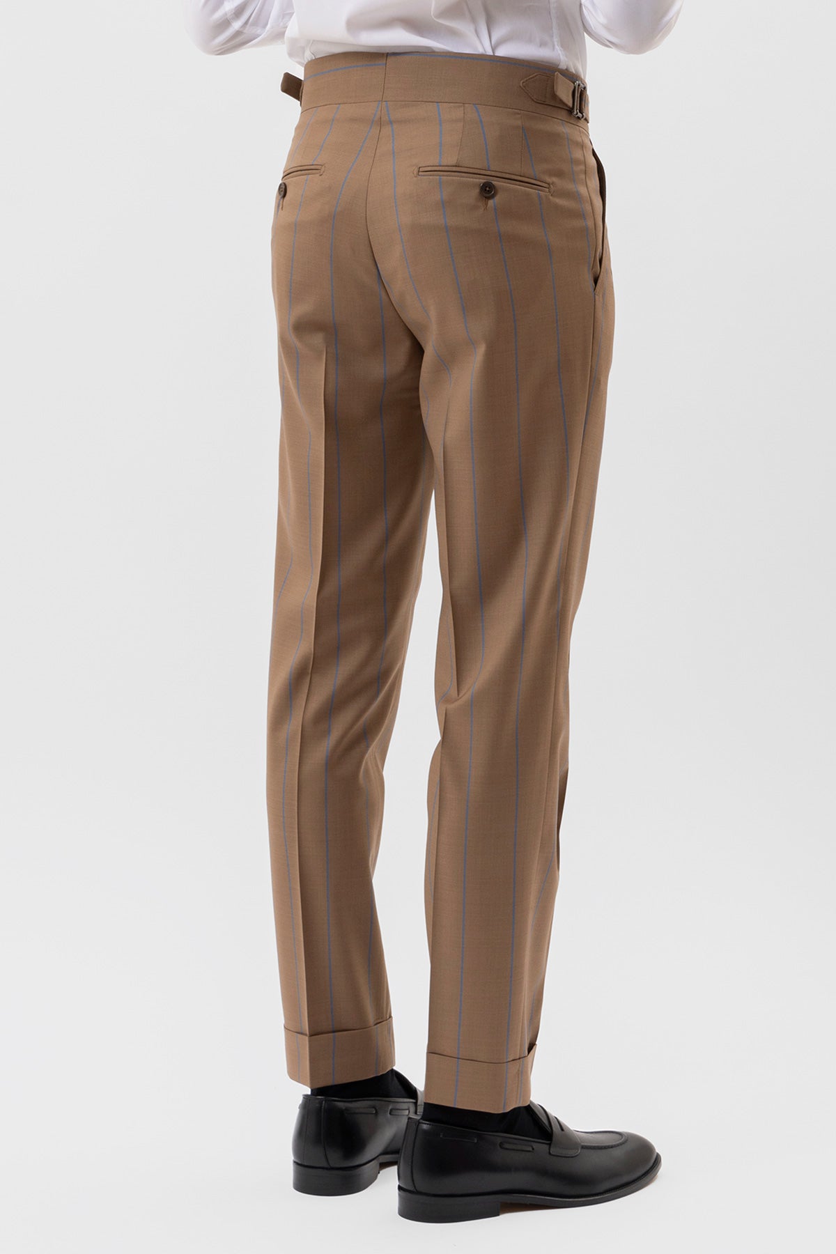 Pantalone Beige Gessato Blu Vita  Alta Uomo Fresco Lana Super 130's Fordam Tessuti Napoli Doppia Pinces Fibbie Laterali E Risvolto 5cm